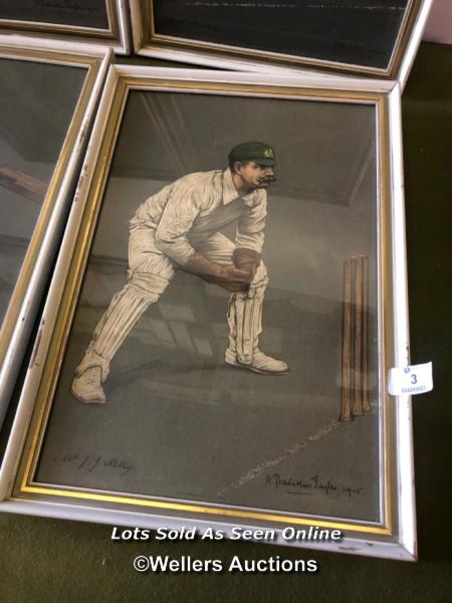 FOUR FRAMED AND GLAZED COLOURED PICTURES OF CRICKETERS, NAMELY KELLY, FOSTER, GUNN AND LORD - Image 4 of 5