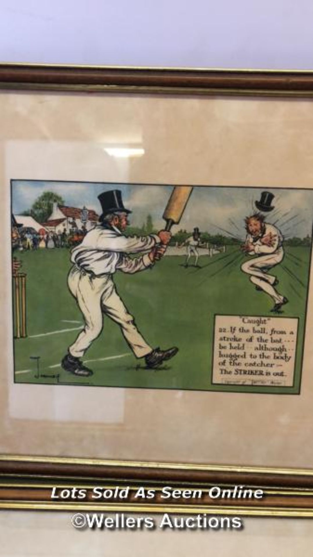 FIVE FRAMED AND GLAZED COMICAL CARTOON PICTURES OF CRICKET SCENES BY PERRIER. EACH PICTURE 40CM X - Bild 2 aus 7