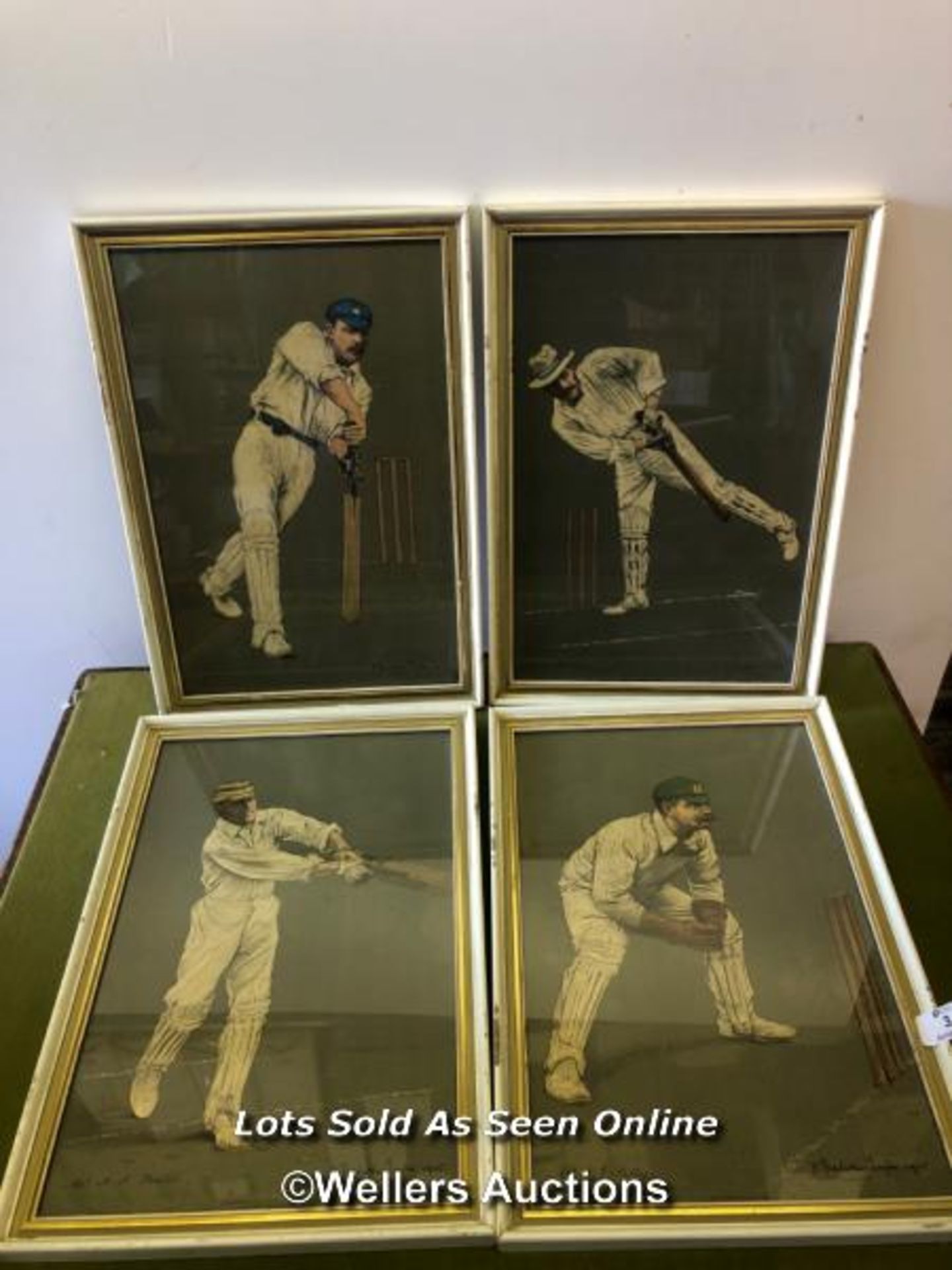 FOUR FRAMED AND GLAZED COLOURED PICTURES OF CRICKETERS, NAMELY KELLY, FOSTER, GUNN AND LORD