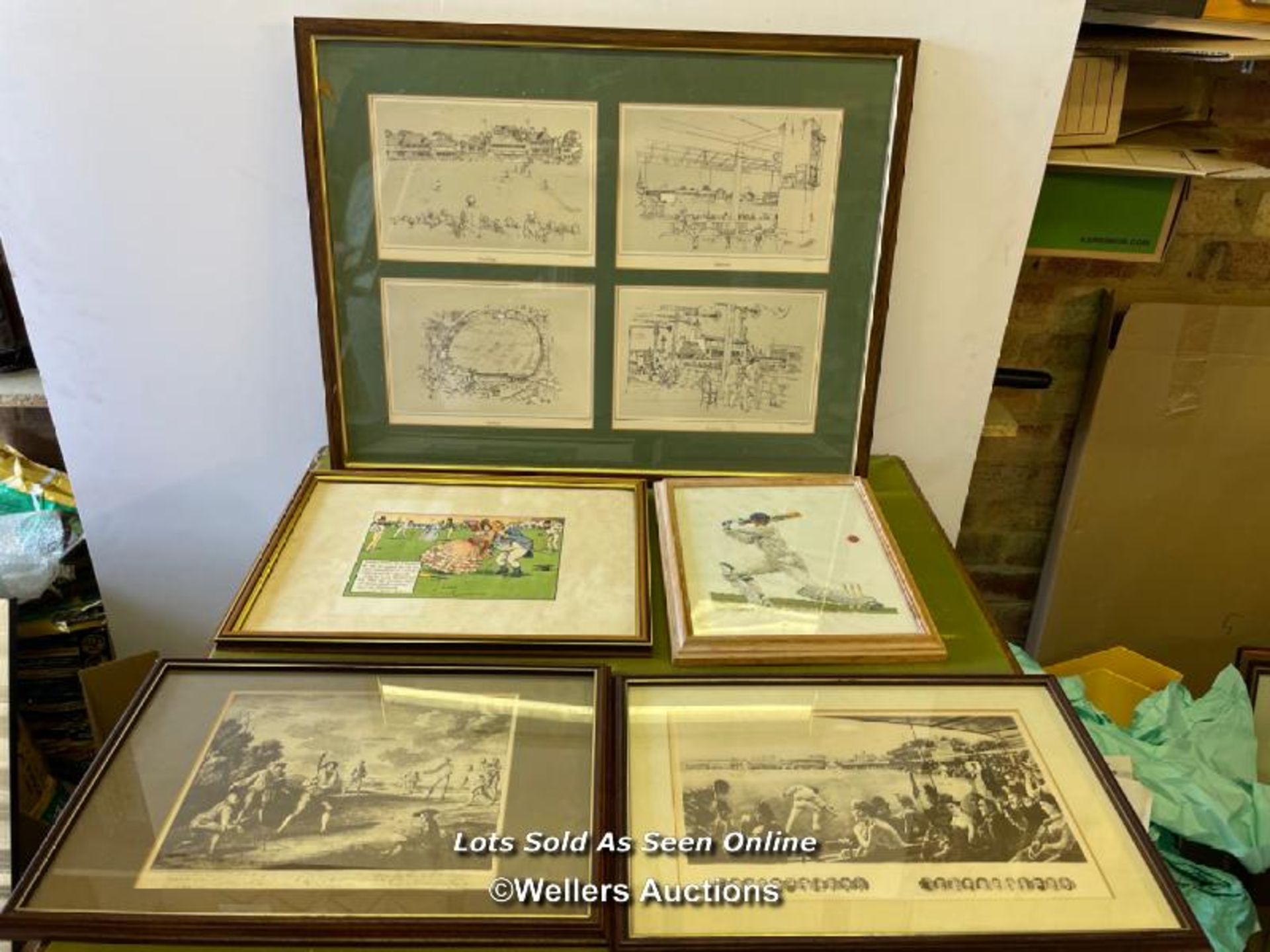 FIVE FRAMED AND GLAZED CRICKET RELATED PRINTS, INCLUDING A CROSS STITCHED PICTURE OF A CRICKETER
