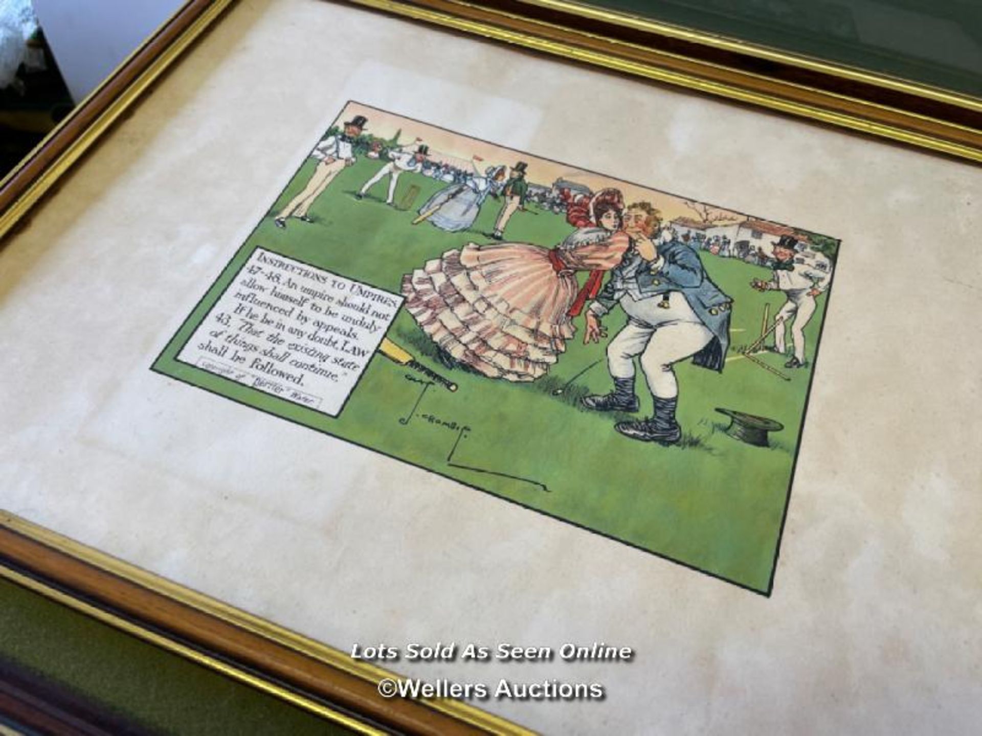 FIVE FRAMED AND GLAZED CRICKET RELATED PRINTS, INCLUDING A CROSS STITCHED PICTURE OF A CRICKETER - Image 4 of 7