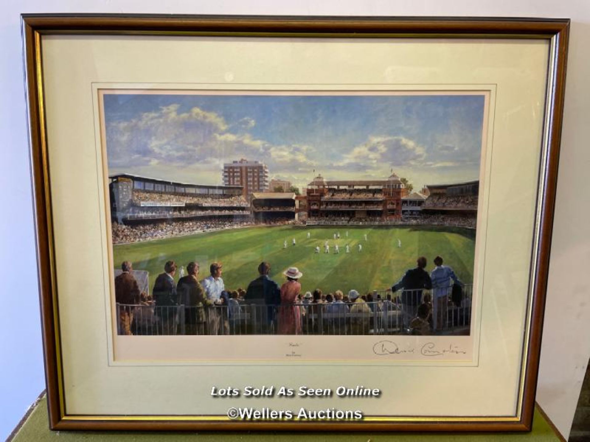 FRAMED AND GLAZED PRINT OF LORDS BY ALAN FEARNLEY, SIGNED BY DENIS COMPTON, 67CM X 55CM