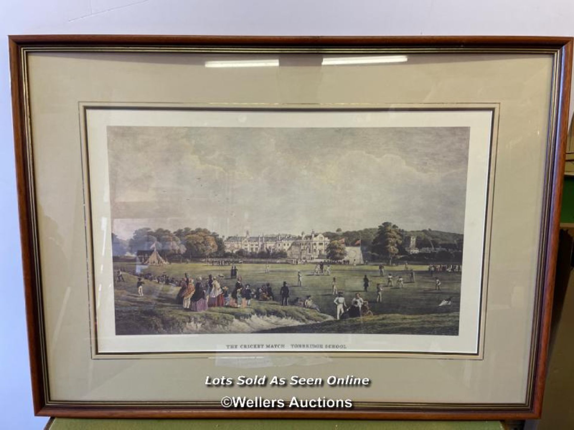 LARGE FRAMED AND GLAZED PRINT OF 'THE CRICKET MATCH TONBRIDGE SCHOOL', 84CM X 61CM