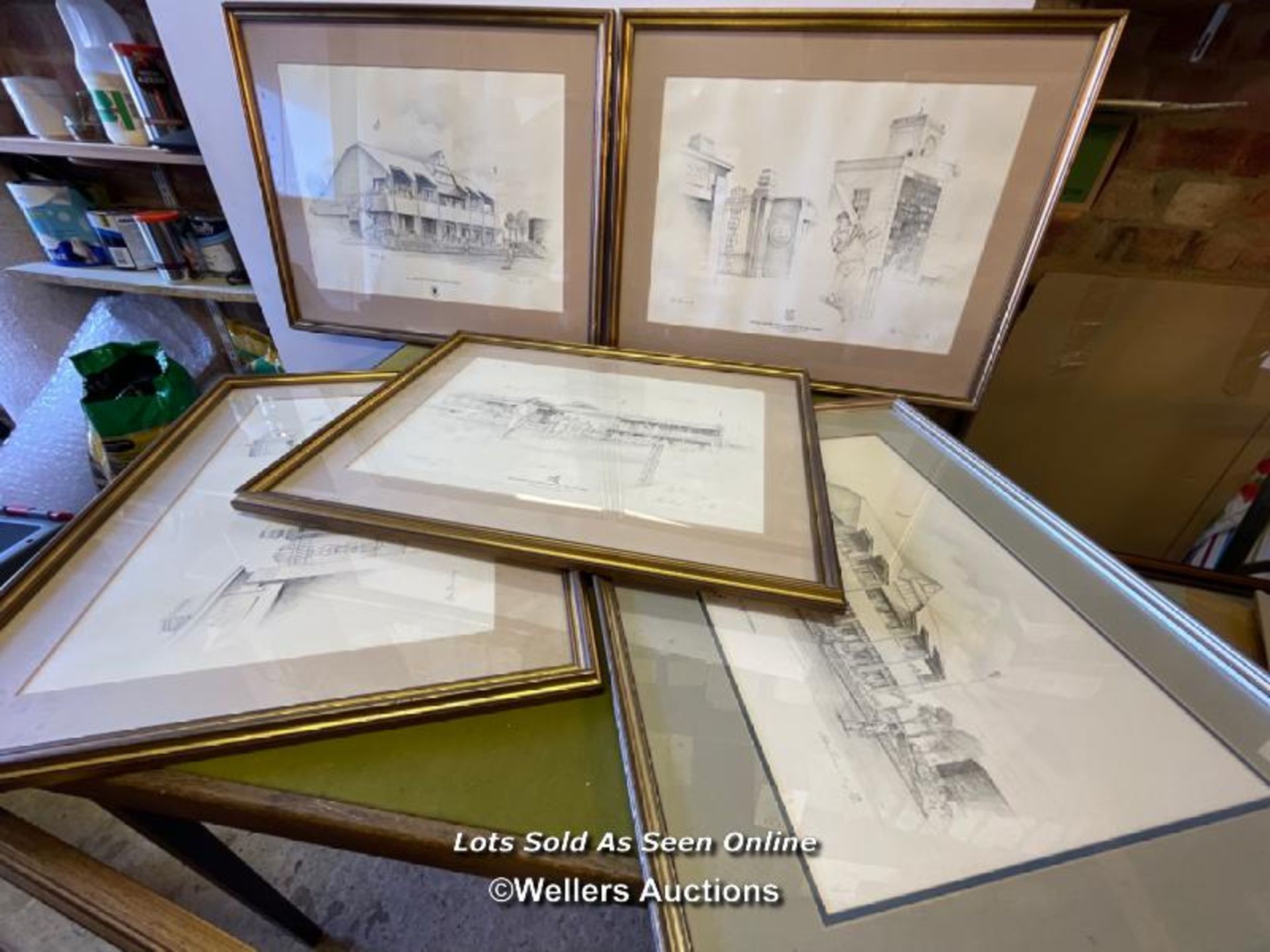 FIVE FRAMED AND GLAZED PRINTS OF CRICKET GROUNDS, INCLUDING TAUNTON, SUSSEX AND UXBRIDGE. THE