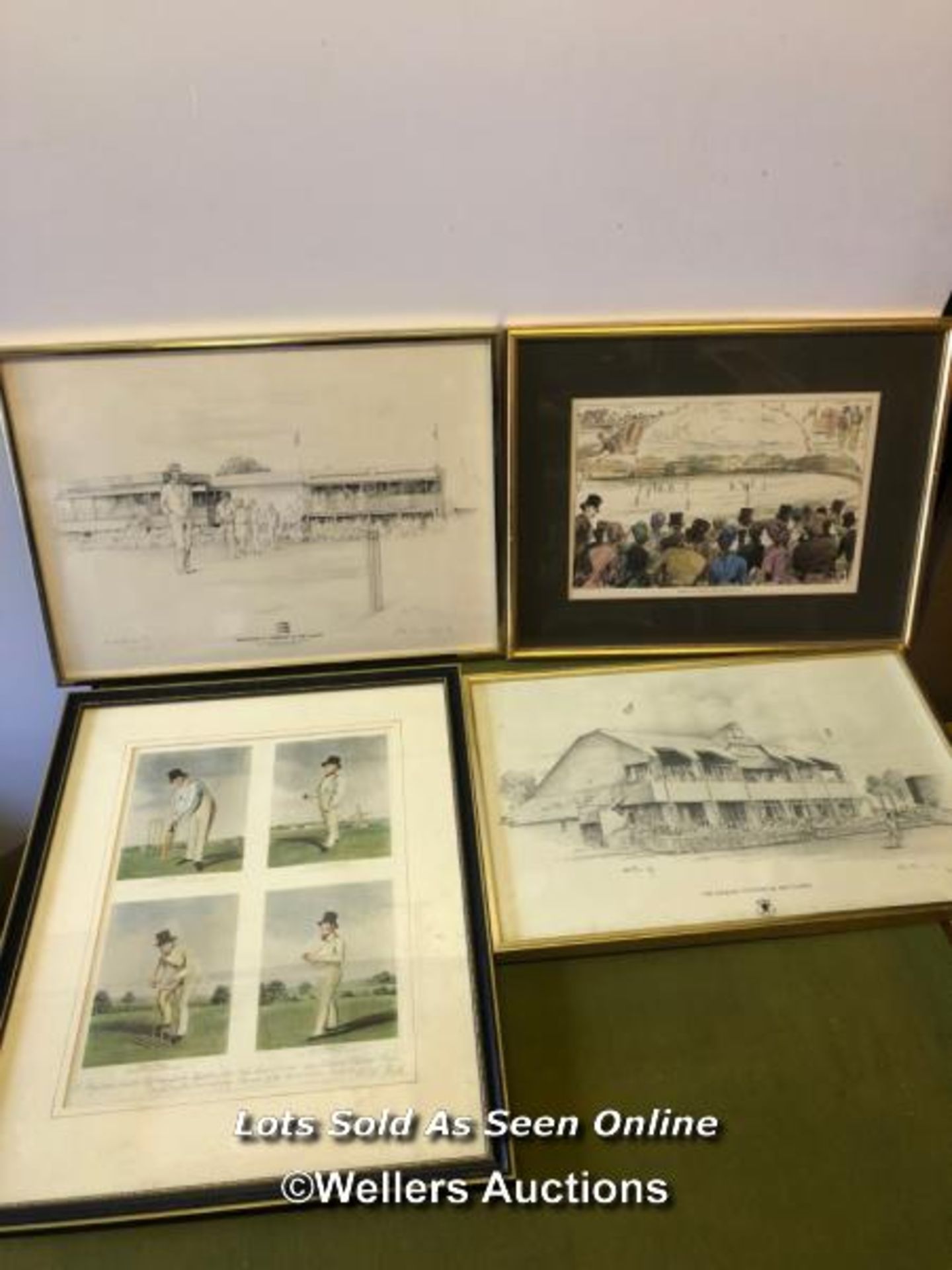 FOUR FRAMED AND GLAZED PICTURES OF CRICKET SCENES. THE LARGEST 49CM X 40CM