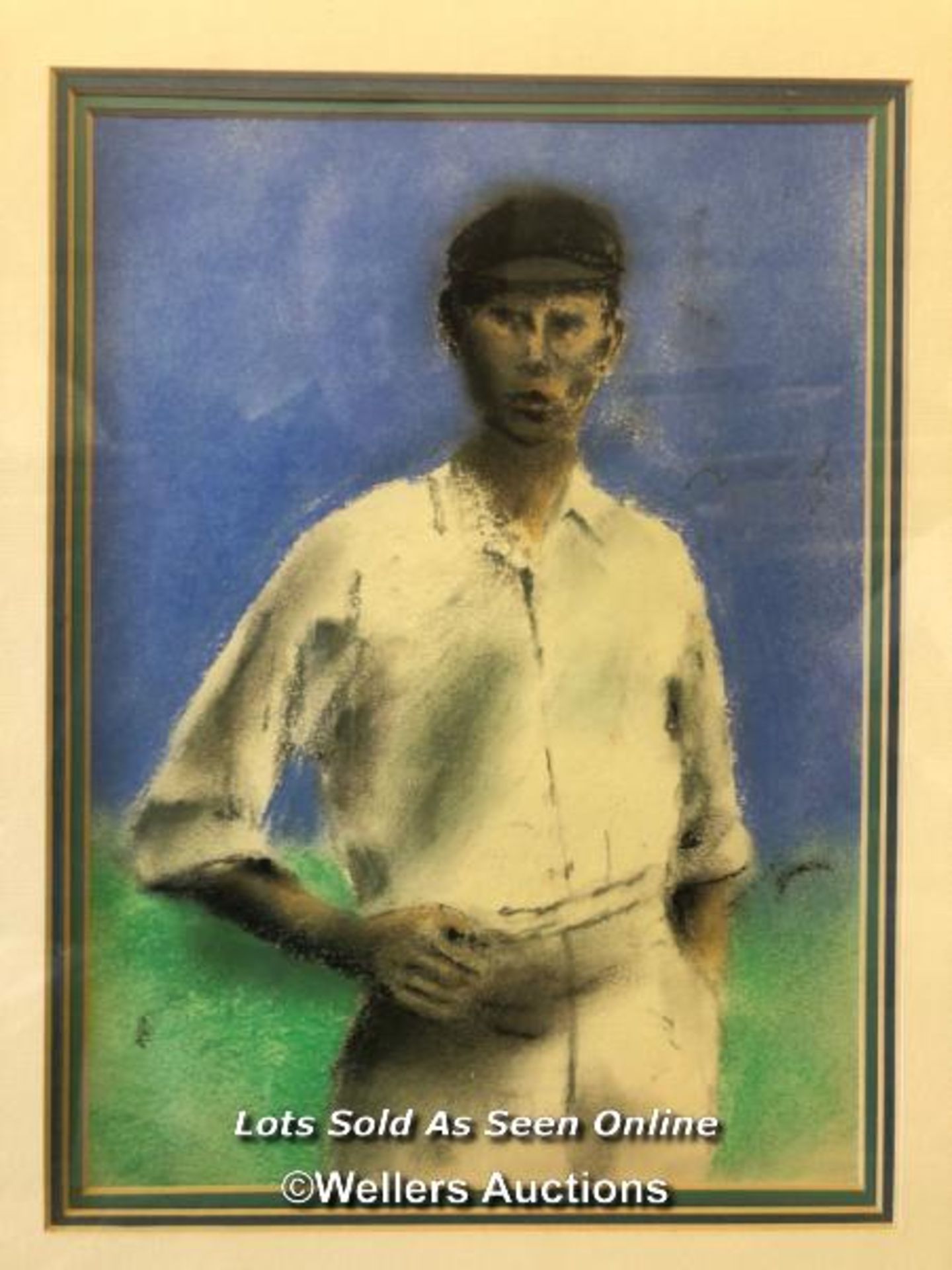 FRAMED AND GLAZED ORIGINAL PAINTING OF AN UNKNOWN CRICKETER, 37CM X 47CM - Image 2 of 3