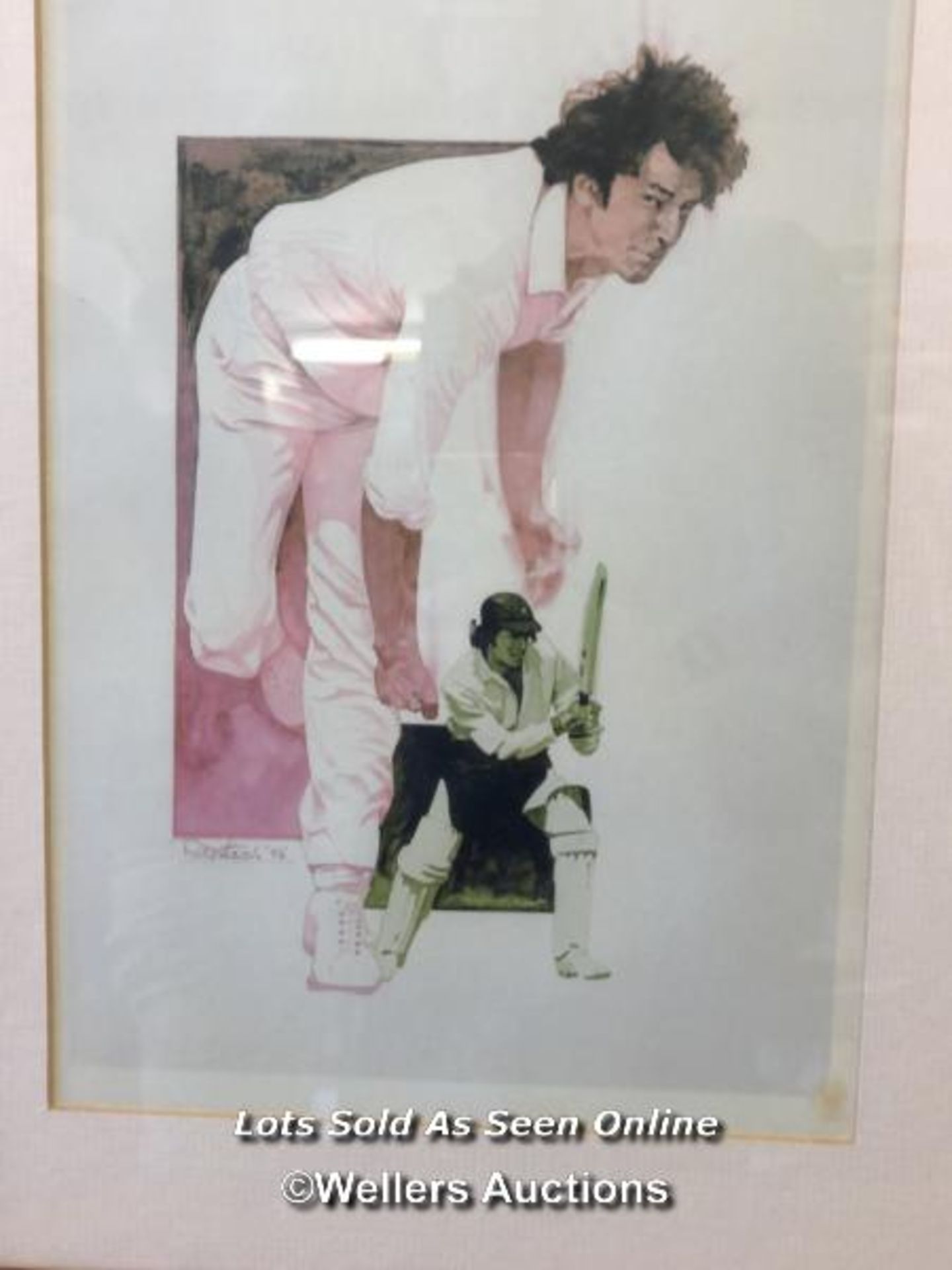 TWO FRAMED AND GLAZED PRINTS OF CRICKETERS, INCLUDING ONE OF IMRAN KHAN. THE LARGEST 42.5CM X 32. - Image 2 of 4