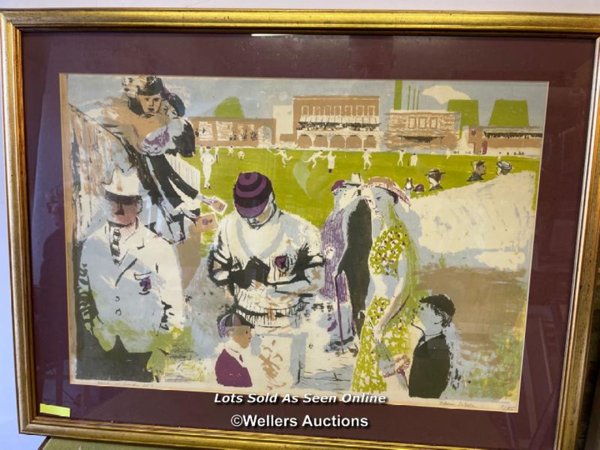 LARGE FRAMED AND GLAZED COLOURED PRINT OF AN ABSTRACT CRICKET SCENE MCC AT LORDS 1951, LIMITED