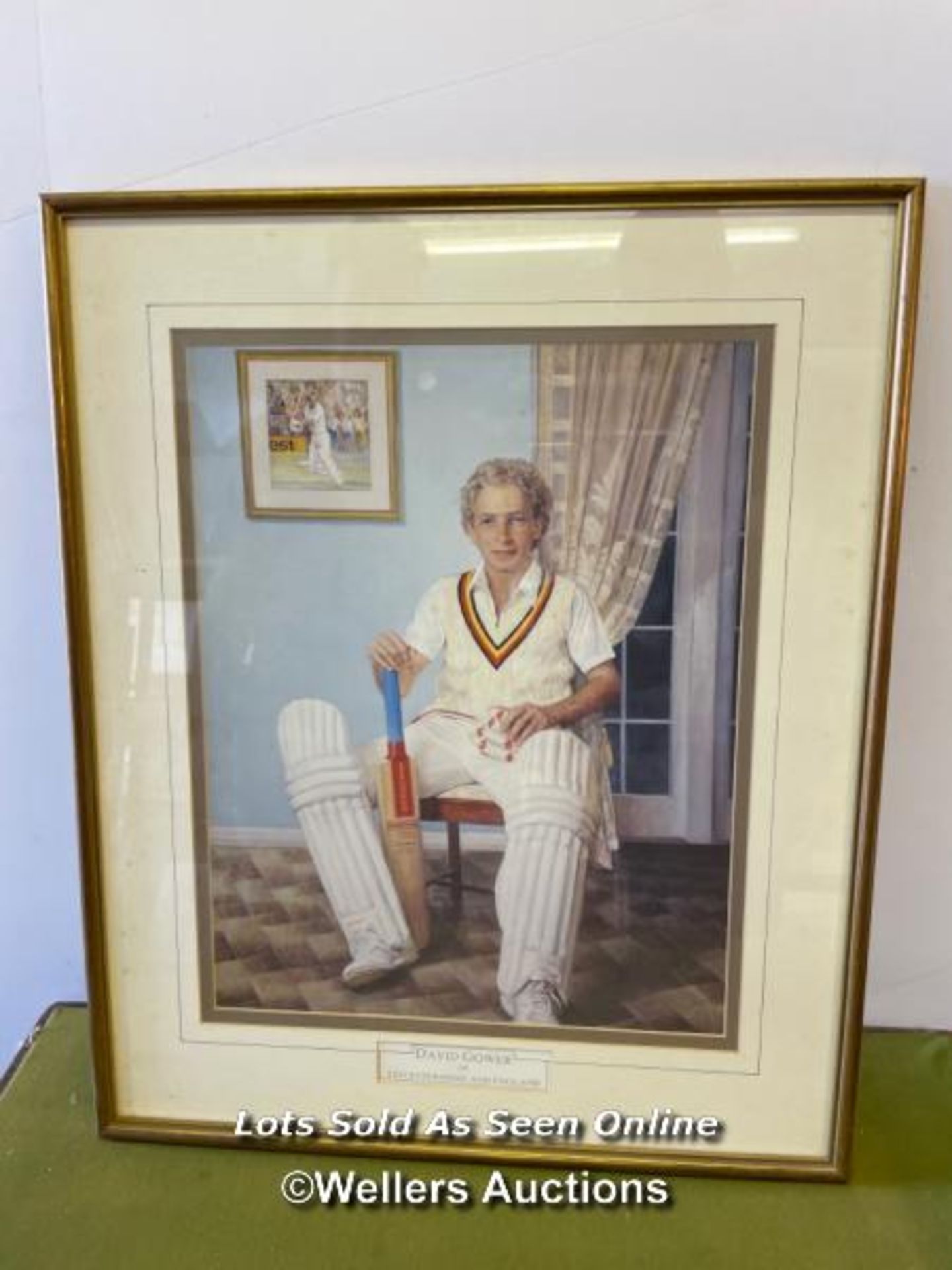 FRAMED AND GLAZED PRINT OF A YOUNG DAVID GOWER OF LEICESTERSHIRE AND ENGLAND, 53CM X 65CM