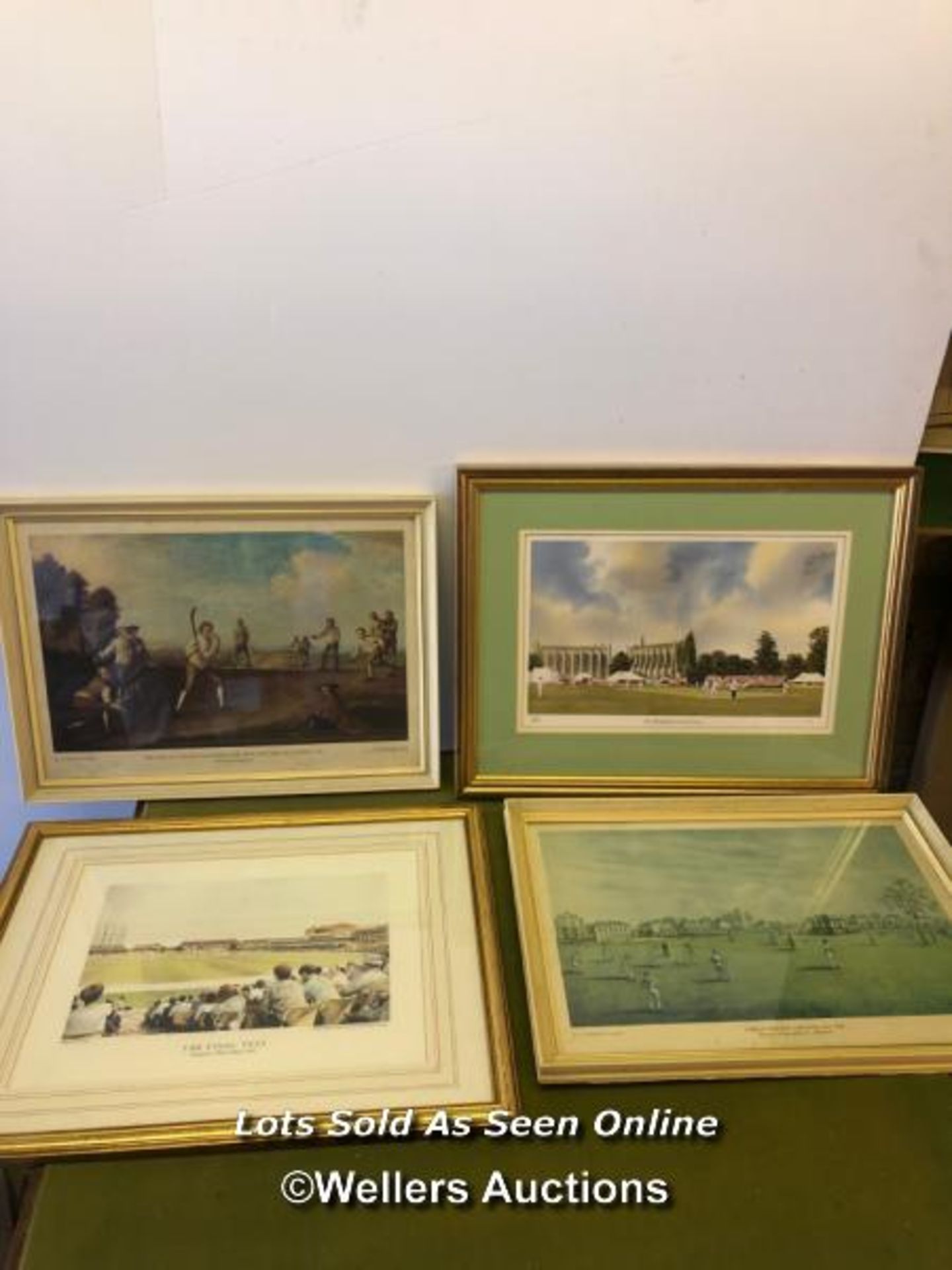 FOUR FRAMED AND GLAZED PICTURES OF CRICKET SCENES, INCLUDING LORDS AND THE OVAL. THE LARGEST 49CM