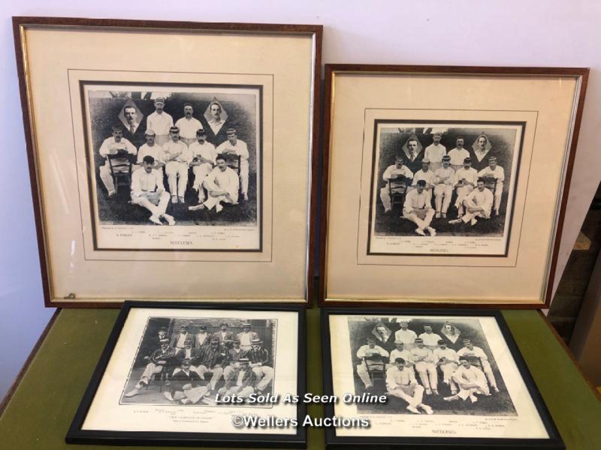 FOUR FRAMED AND GLAZED PICTURES OF CRICKET TEAMS, THREE OF MIDDLESEX AND ONE OF 'THE CHAMPAGNE OF
