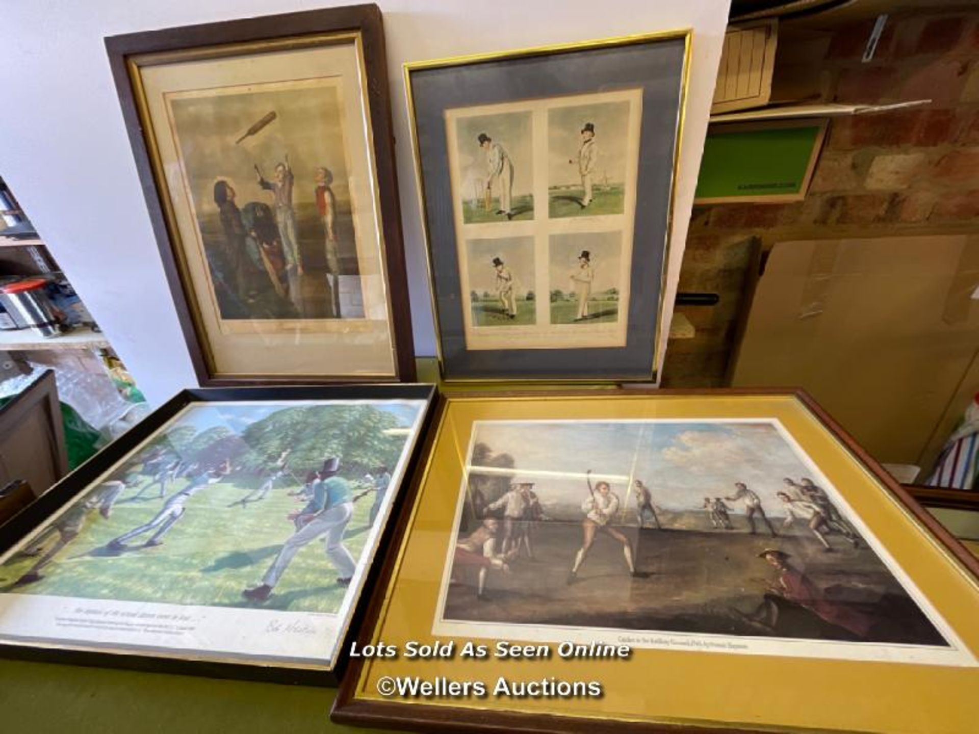 FOUR FRAMED AND GLAZED CRICKET SCENES INCLUDING 'THE CAPTAIN OF THE SCHOOL ELEVEN WENT IN FIRST'