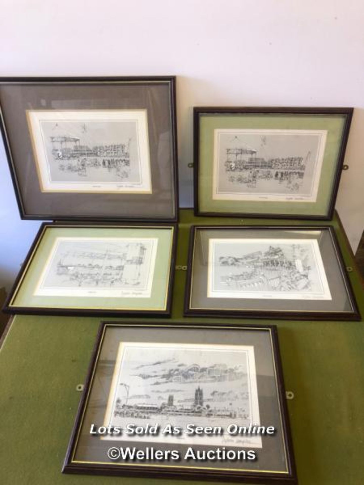 FIVE FRAMED AND GLAZED PRINTS OF CRICKET GROUNDS, INCLUDING TAUNTON, SCARBOROUGH, CANTERBURY AND