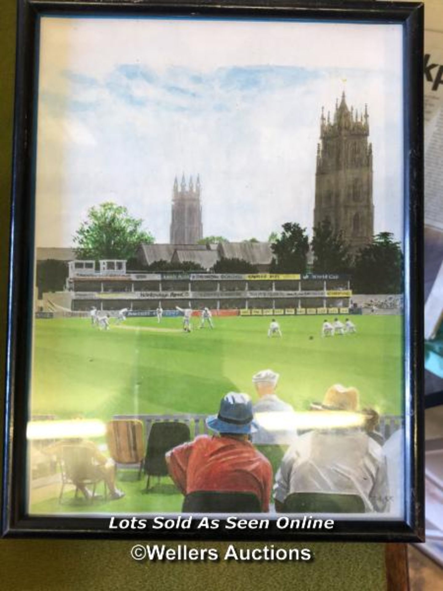 EIGHT FRAMED AND GLAZED PRINTS OF CRICKET SCENES. THE LARGEST 35CM X 29CM - Image 4 of 9