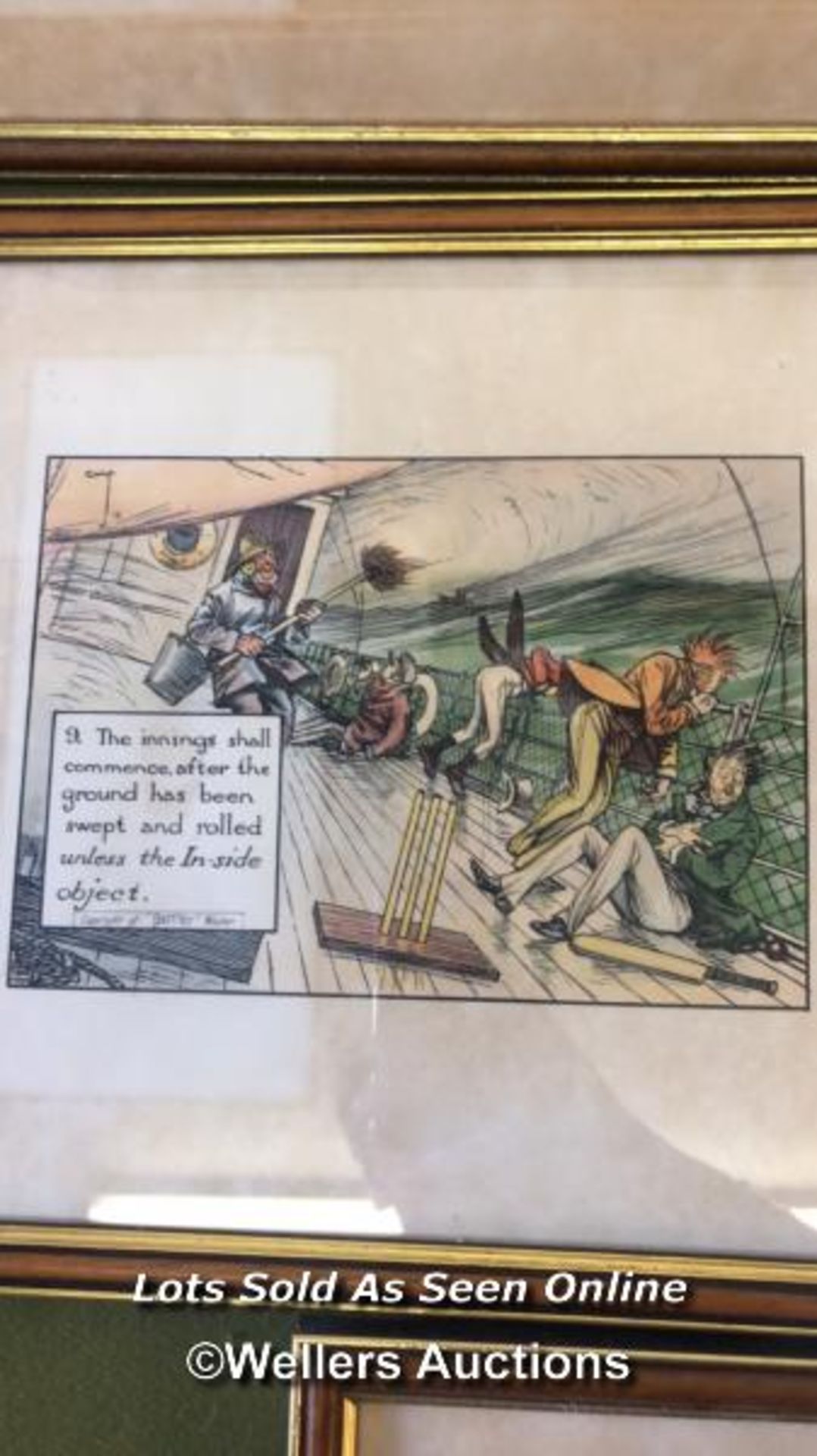 FIVE FRAMED AND GLAZED COMICAL CARTOON PICTURES OF CRICKET SCENES BY PERRIER. EACH PICTURE 40CM X - Bild 4 aus 7