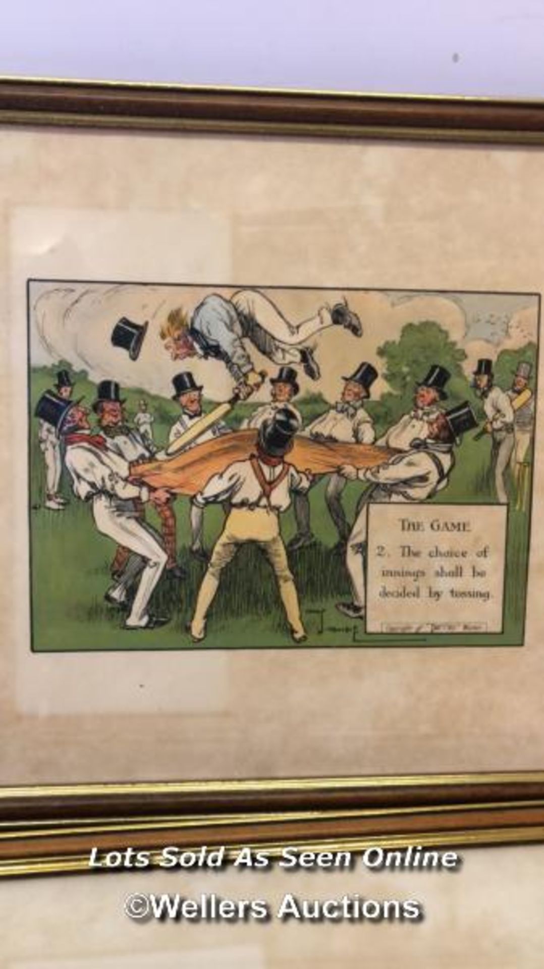 FIVE FRAMED AND GLAZED COMICAL CARTOON PICTURES OF CRICKET SCENES BY PERRIER. EACH PICTURE 40CM X - Bild 3 aus 7