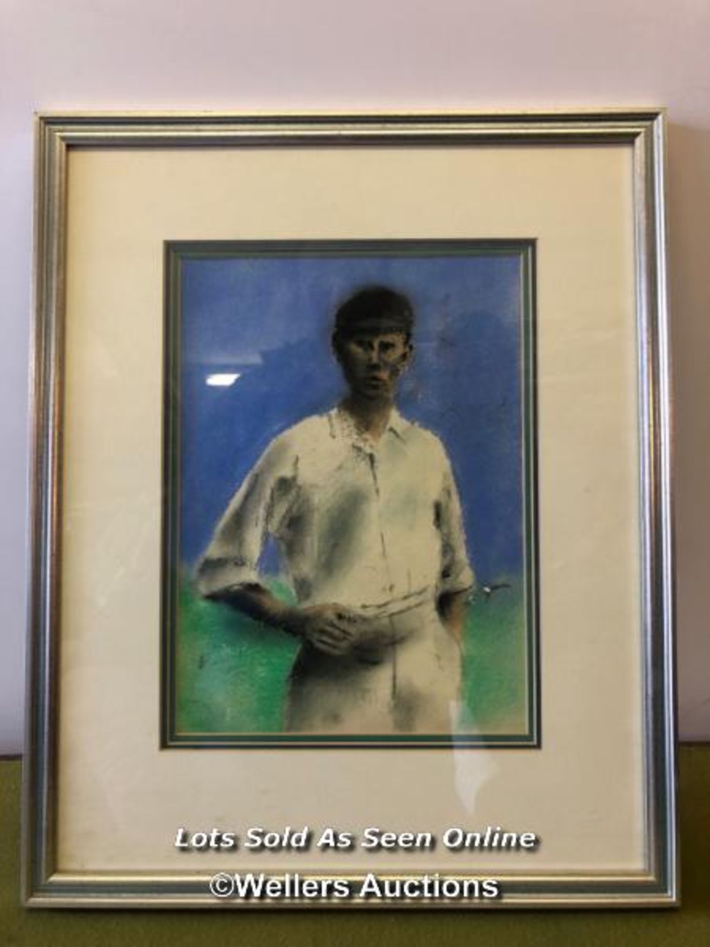 FRAMED AND GLAZED ORIGINAL PAINTING OF AN UNKNOWN CRICKETER, 37CM X 47CM