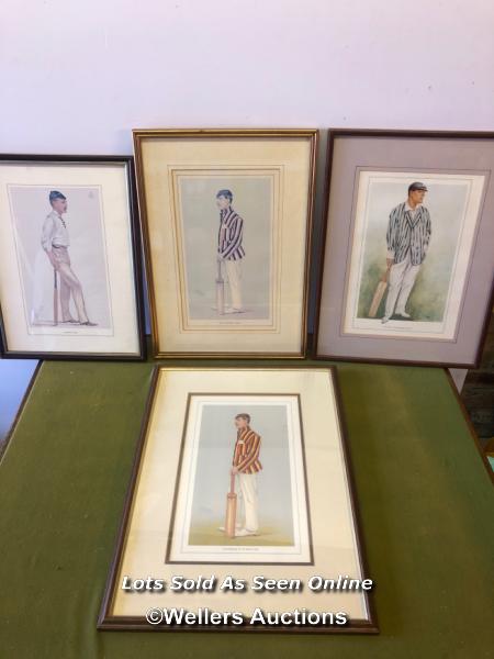 FOUR FRAMED AND GLAZED PRINTS OF CRICKETERS. THE LARGEST 47CM X 32CM