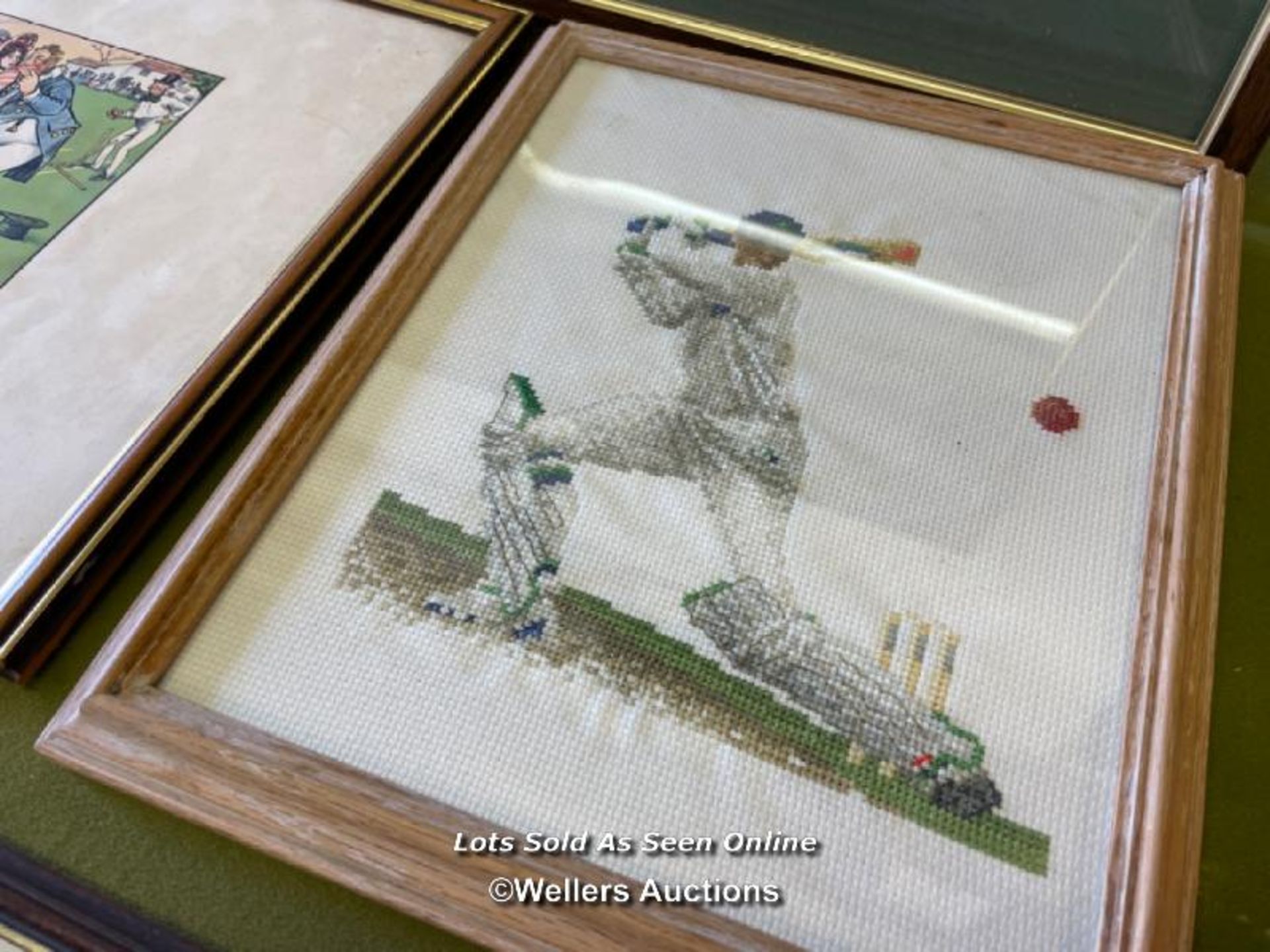 FIVE FRAMED AND GLAZED CRICKET RELATED PRINTS, INCLUDING A CROSS STITCHED PICTURE OF A CRICKETER - Image 5 of 7