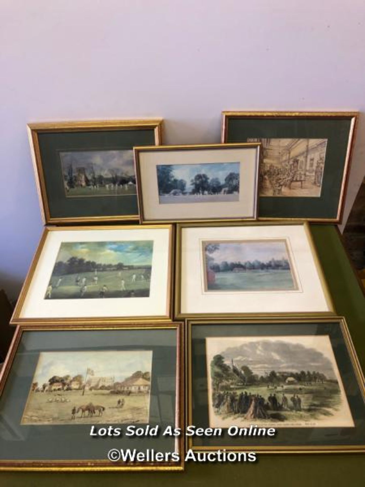 SEVEN FRAMED AND GLAZED PRINTS OF CRICKET SCENES, THE LARGEST 30CM X 35CM