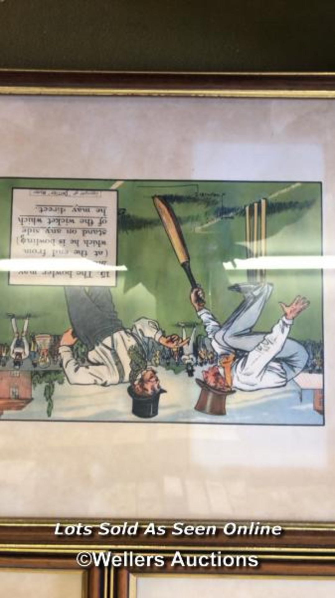 FIVE FRAMED AND GLAZED COMICAL CARTOON PICTURES OF CRICKET SCENES BY PERRIER. EACH PICTURE 40CM X - Bild 6 aus 7