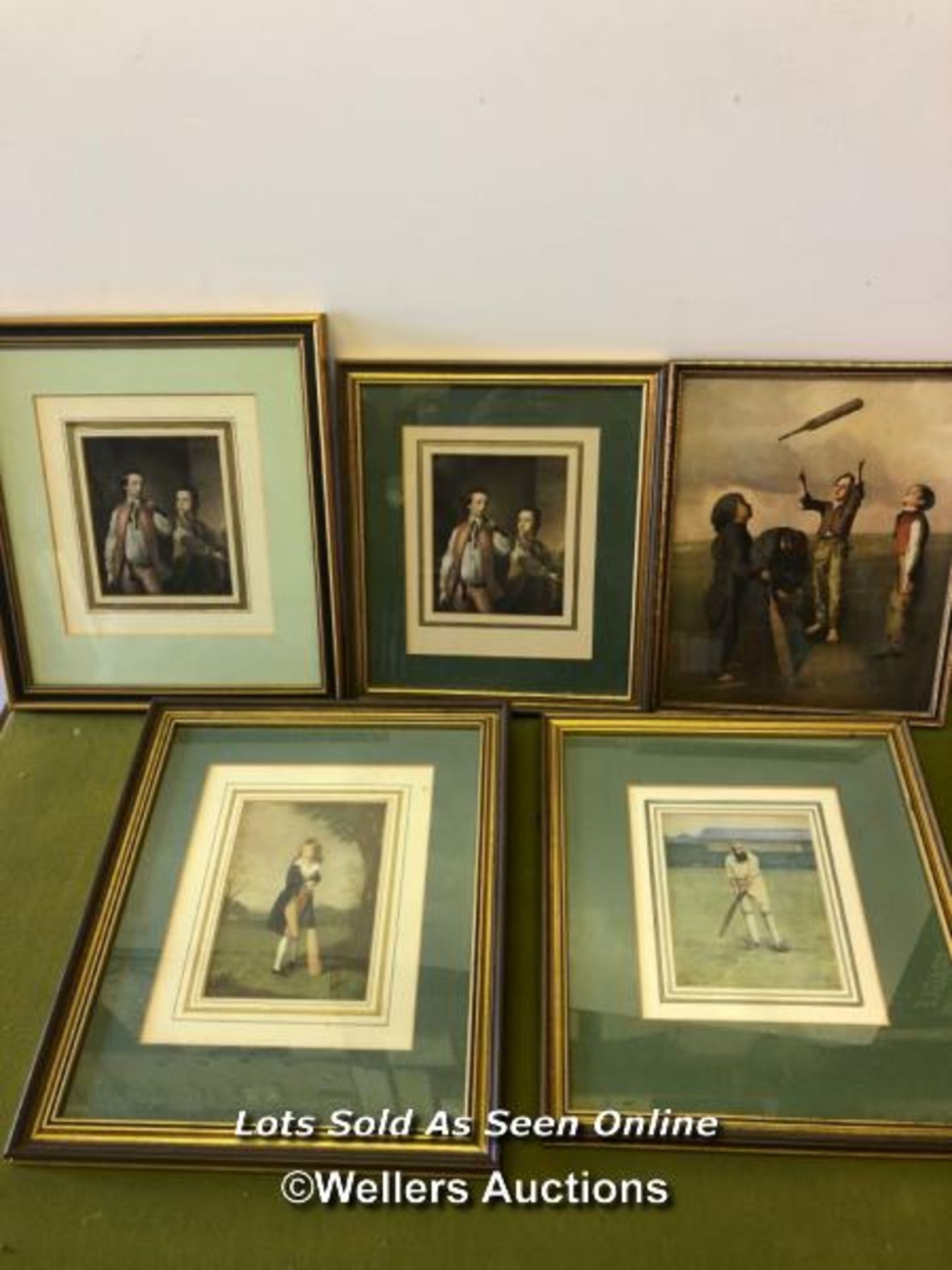 FIVE FRAMED AND GLAZED PRINTS, FOUR OF YOUNG CHILDREN PLAYING CRICKET AND ONE OF W G GRACE (THE
