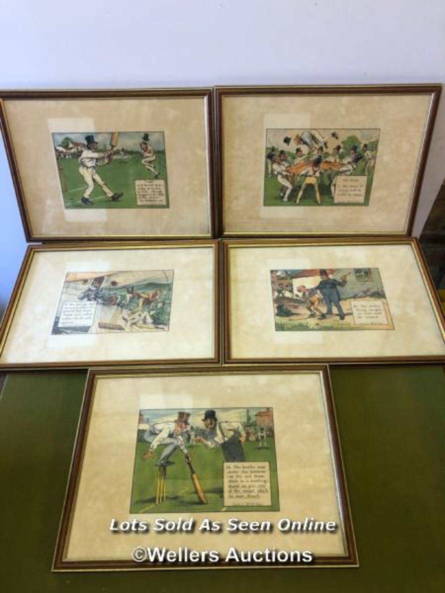 FIVE FRAMED AND GLAZED COMICAL CARTOON PICTURES OF CRICKET SCENES BY PERRIER. EACH PICTURE 40CM X