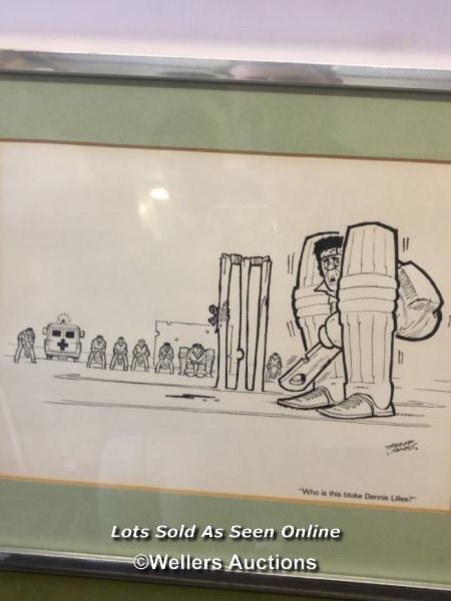 THREE FRAMED AND GLAZED PRINTS OF CARTOONS OF CRICKET SCENES, TOGETHER WITH ONE UNFRAMED - Image 2 of 5