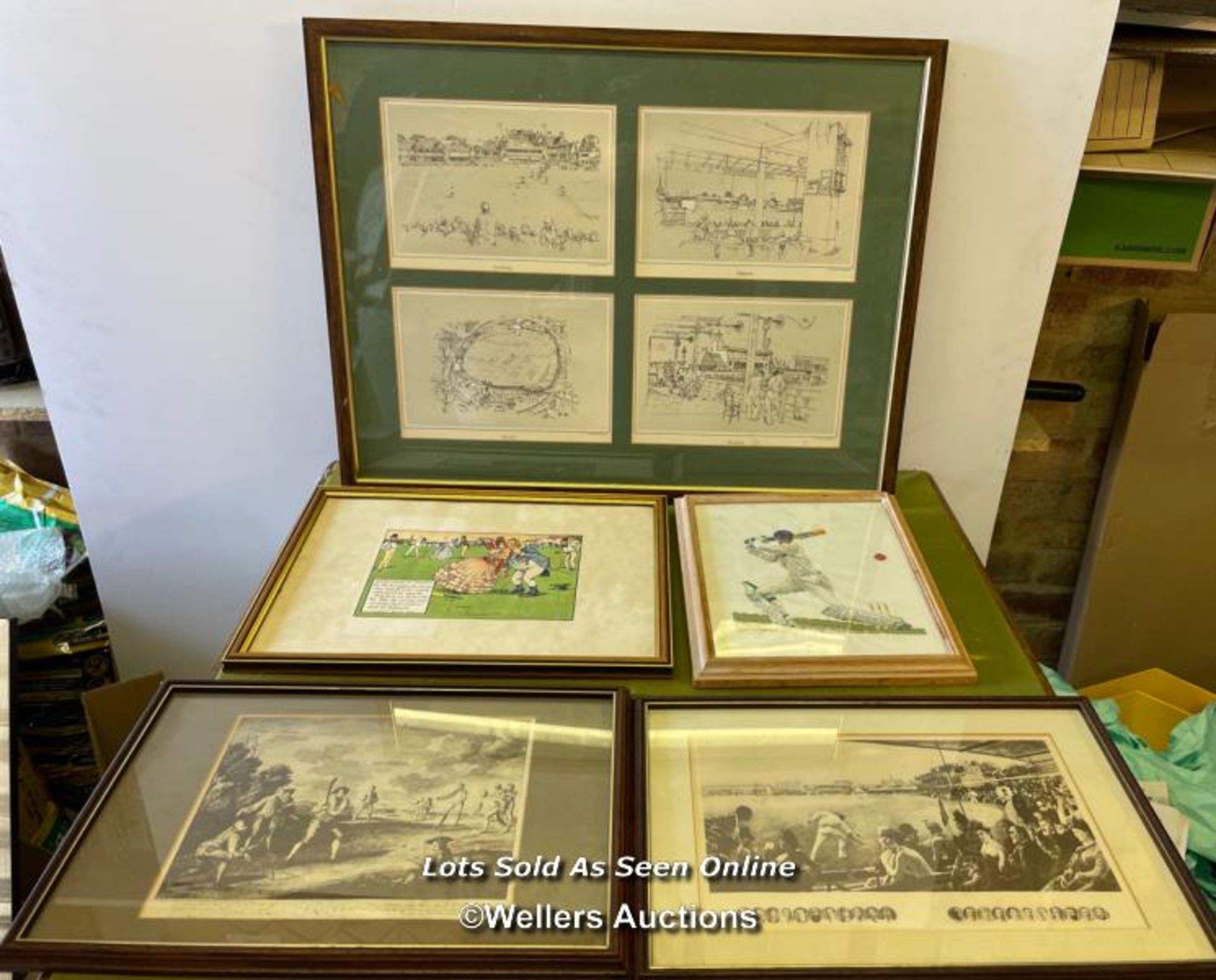 FIVE FRAMED AND GLAZED CRICKET RELATED PRINTS, INCLUDING A CROSS STITCHED PICTURE OF A CRICKETER - Image 7 of 7