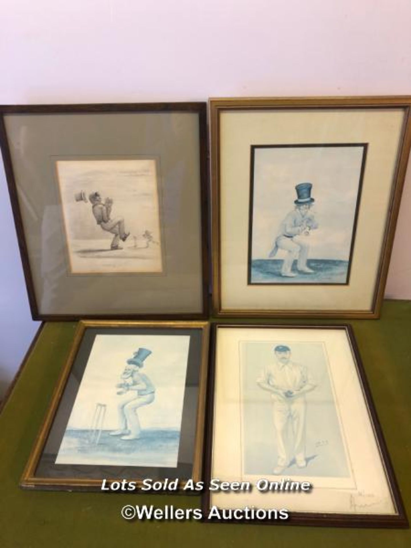 FOUR FRAMED AND GLAZED COMICAL PRINTS OF CRICKETERS. THE LARGEST 42CM X 31CM