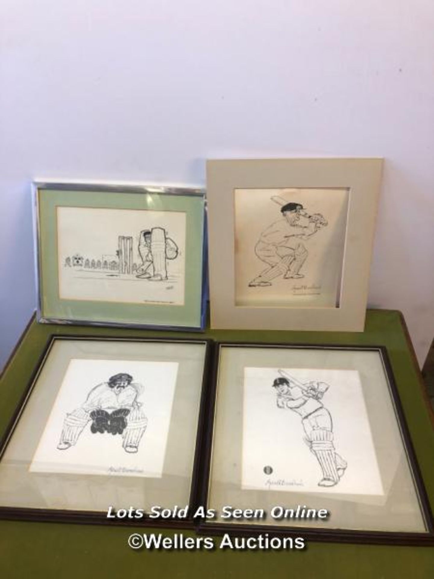 THREE FRAMED AND GLAZED PRINTS OF CARTOONS OF CRICKET SCENES, TOGETHER WITH ONE UNFRAMED