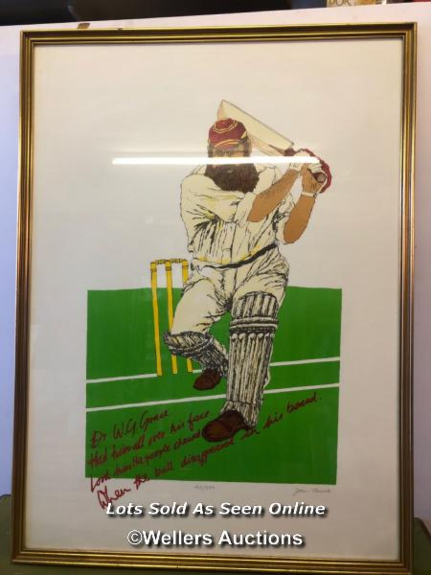 LARGE FRAMED AND GLAZED PRINT OF W G GRACE, LIMITED EDITION 431/500, BY JOHN THIRSK. 80.5CM X 59CM