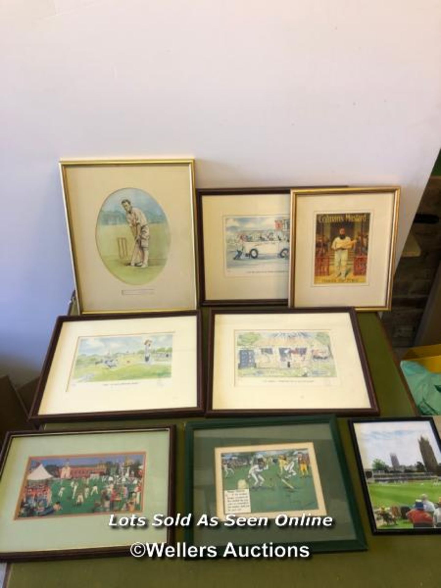 EIGHT FRAMED AND GLAZED PRINTS OF CRICKET SCENES. THE LARGEST 35CM X 29CM