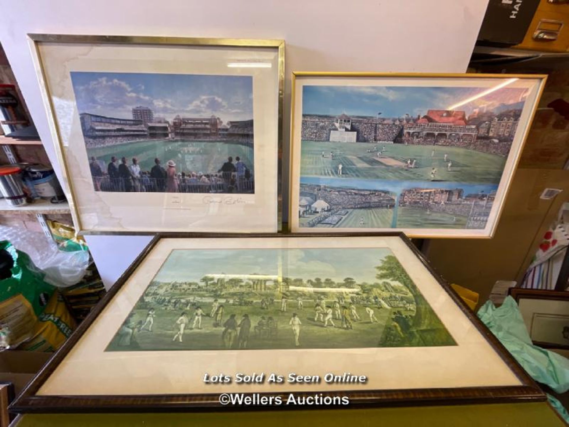 THREE FRAMED AND GLAZED PRINTS OF VARIOUS CRICKET SCENES
