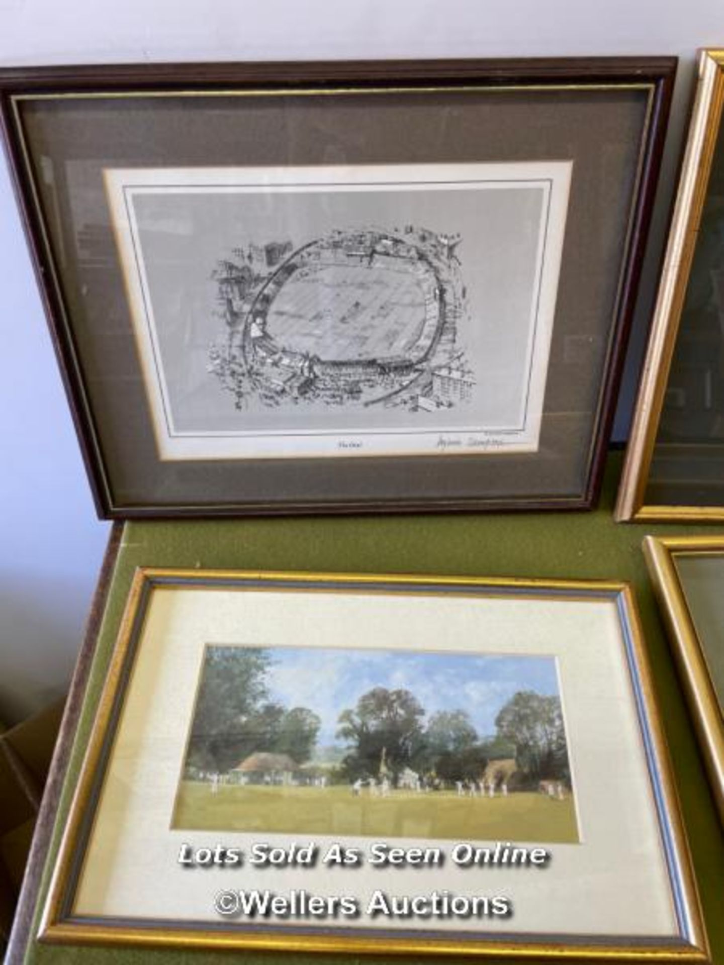 SEVEN FRAMED AND GLAZED CRICKET RELATED PRINTS, INCLUDING 'THE OVAL' AND 'GREENWICH V CHELSEA