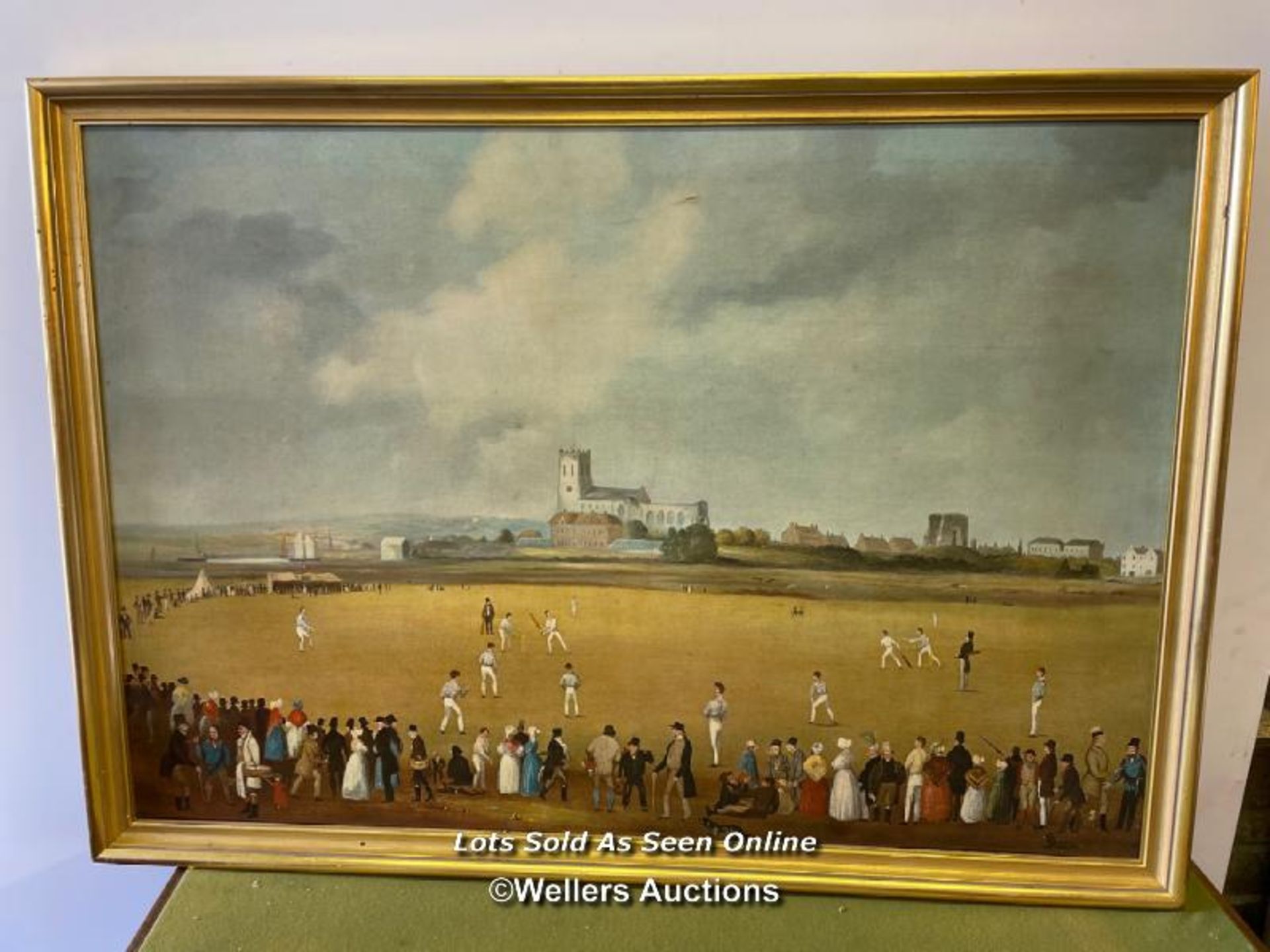 FRAMED OLEOGRAPH REPRODUCTION OF THE CRICKET MATCH AT CHRISTCHURCH CIRCA 1850, IN THE COLLECTION