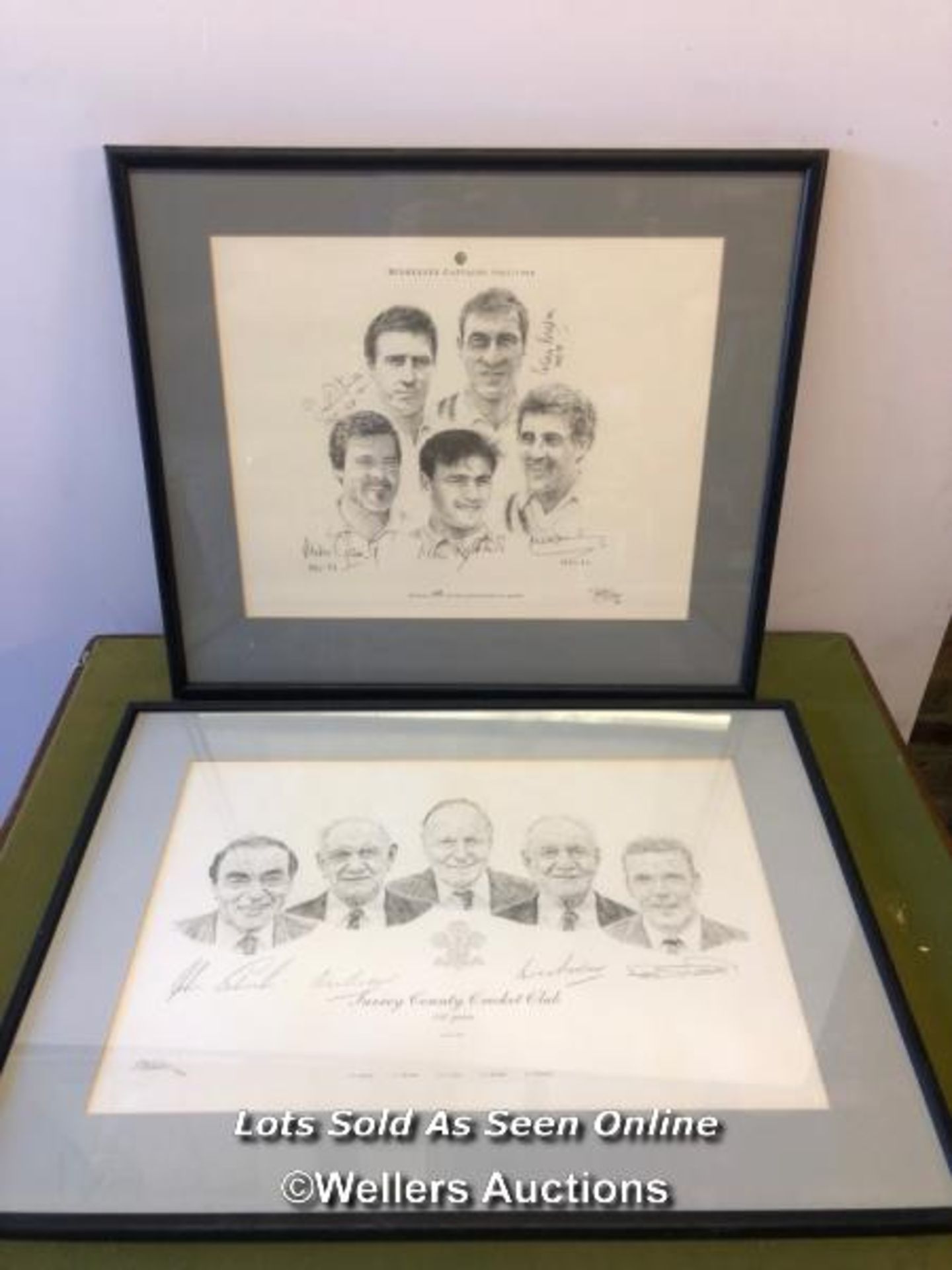 TWO FRAMED AND GLAZED SIGNED PRINTS, ONE OF MIDDLESEX CAPTAINS 1965-1998, THE OTHER OF SURREY