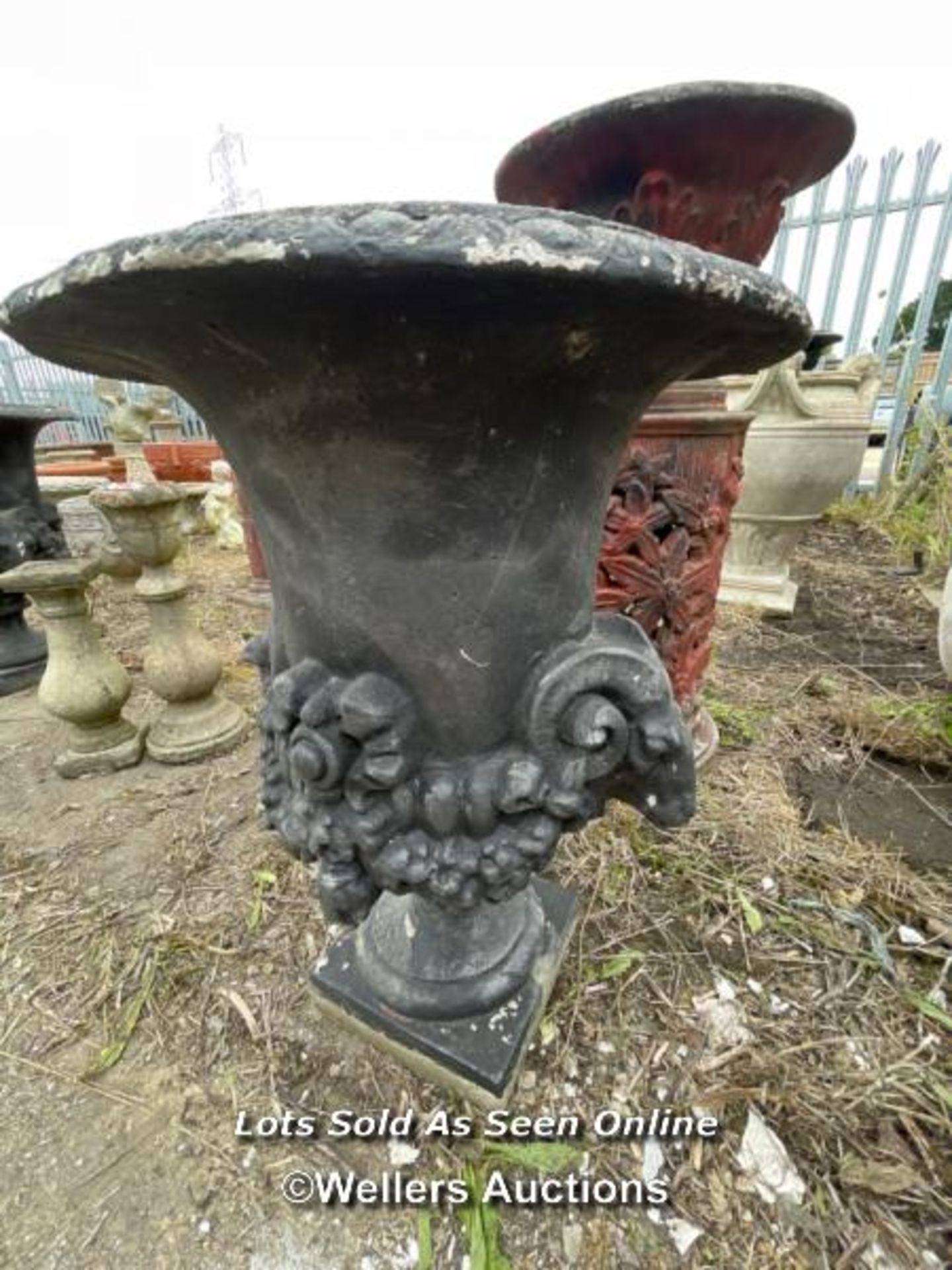 *URN PLANTER WITH RAMS HEAD DÉCOR, 63CM (H) X 46CM (DIA) / COLLECTION LOCATION: ALBOURNE (BN6), FULL