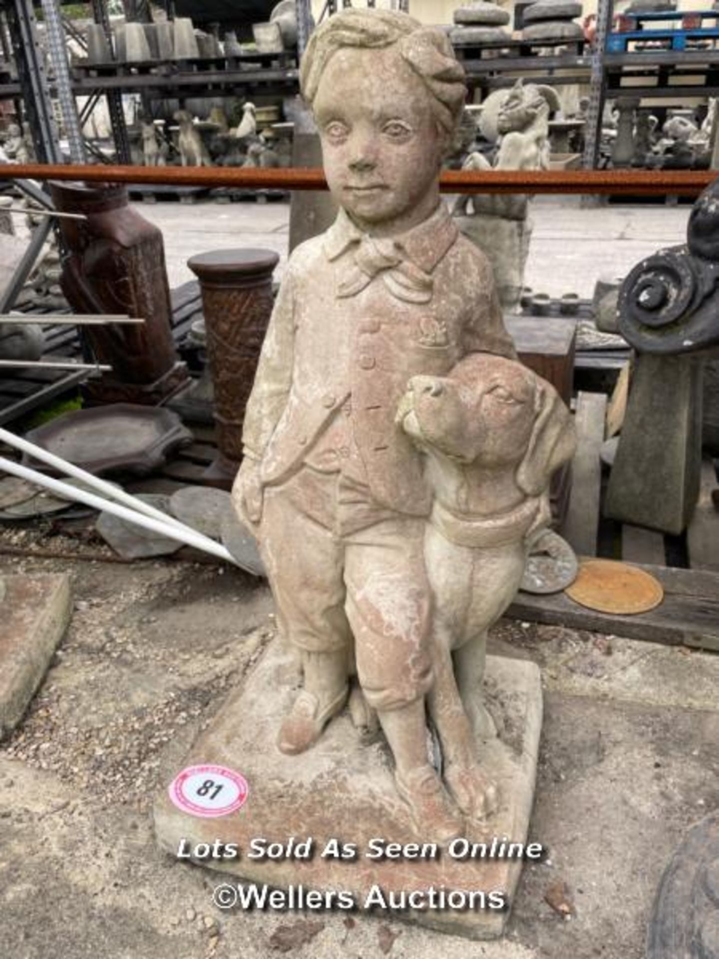 *SMARTLY DRESSED BOY AND HIS LABRADOR, 100CM (H) X 46CM (W) X 46CM (D) / COLLECTION LOCATION:
