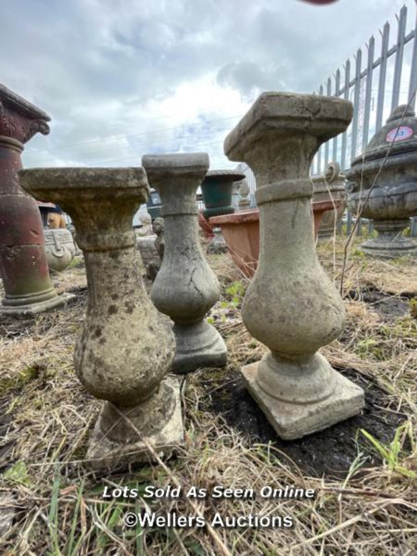 *THREE ASSORTED RECONTITUTED STONE CANDLE STICK HOLDERS, 45.5CM (H) / COLLECTION LOCATION: - Image 2 of 2