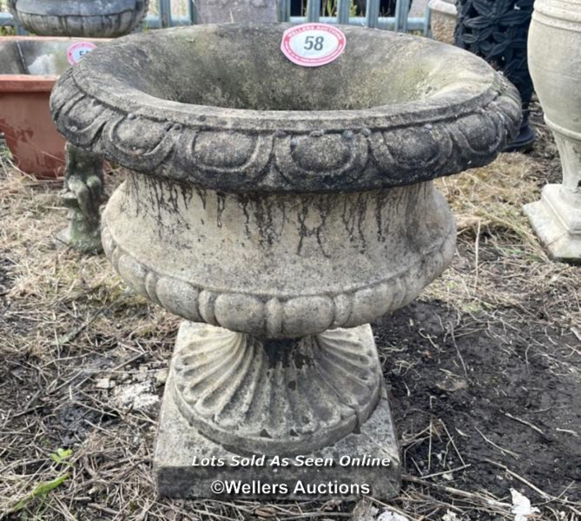 *RECONSTITUTED STONE URN, 64CM (H) X 62CM (DIA) / COLLECTION LOCATION: ALBOURNE (BN6), FULL