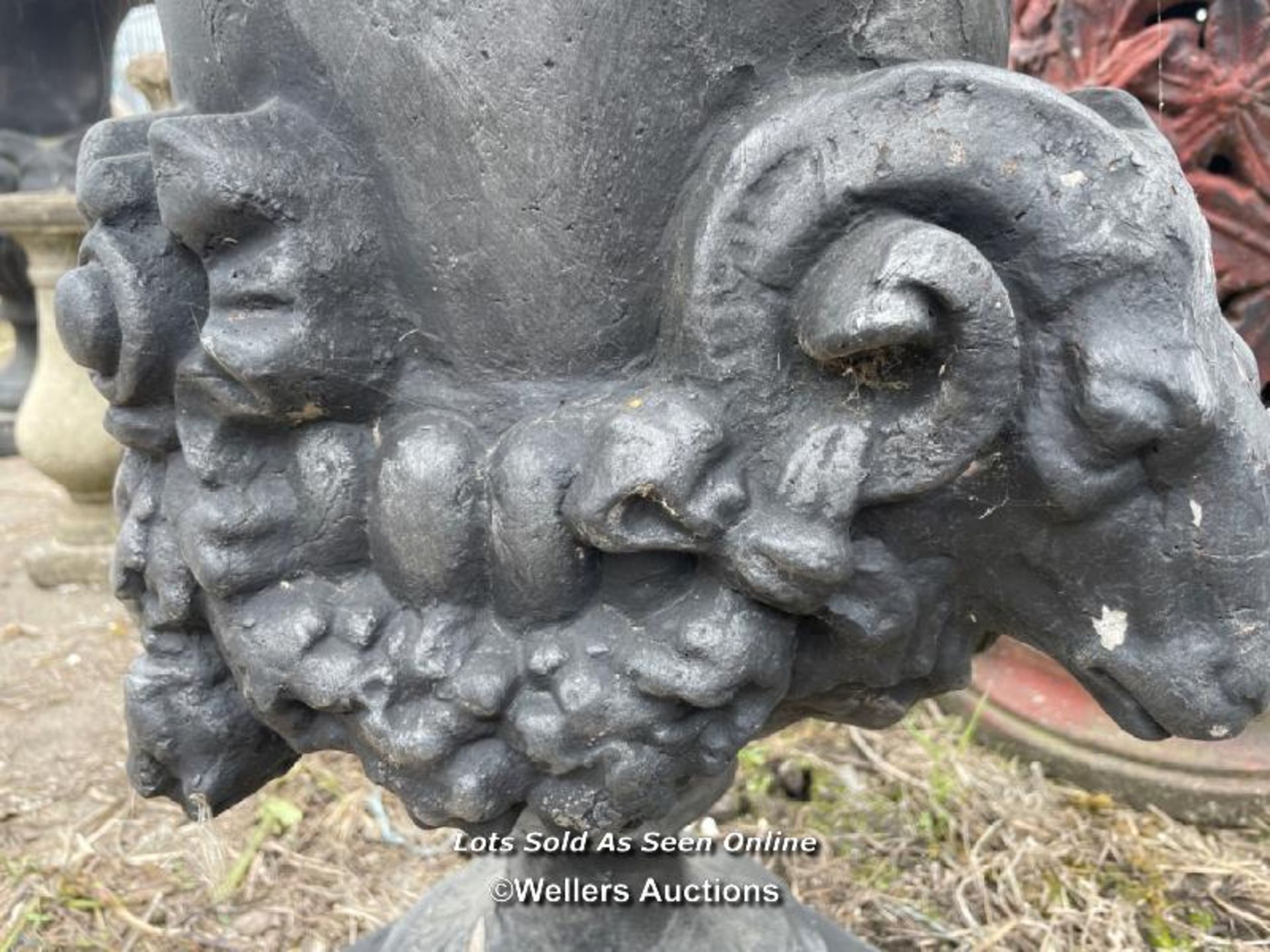 *URN PLANTER WITH RAMS HEAD DÉCOR, 63CM (H) X 46CM (DIA) / COLLECTION LOCATION: ALBOURNE (BN6), FULL - Image 3 of 4