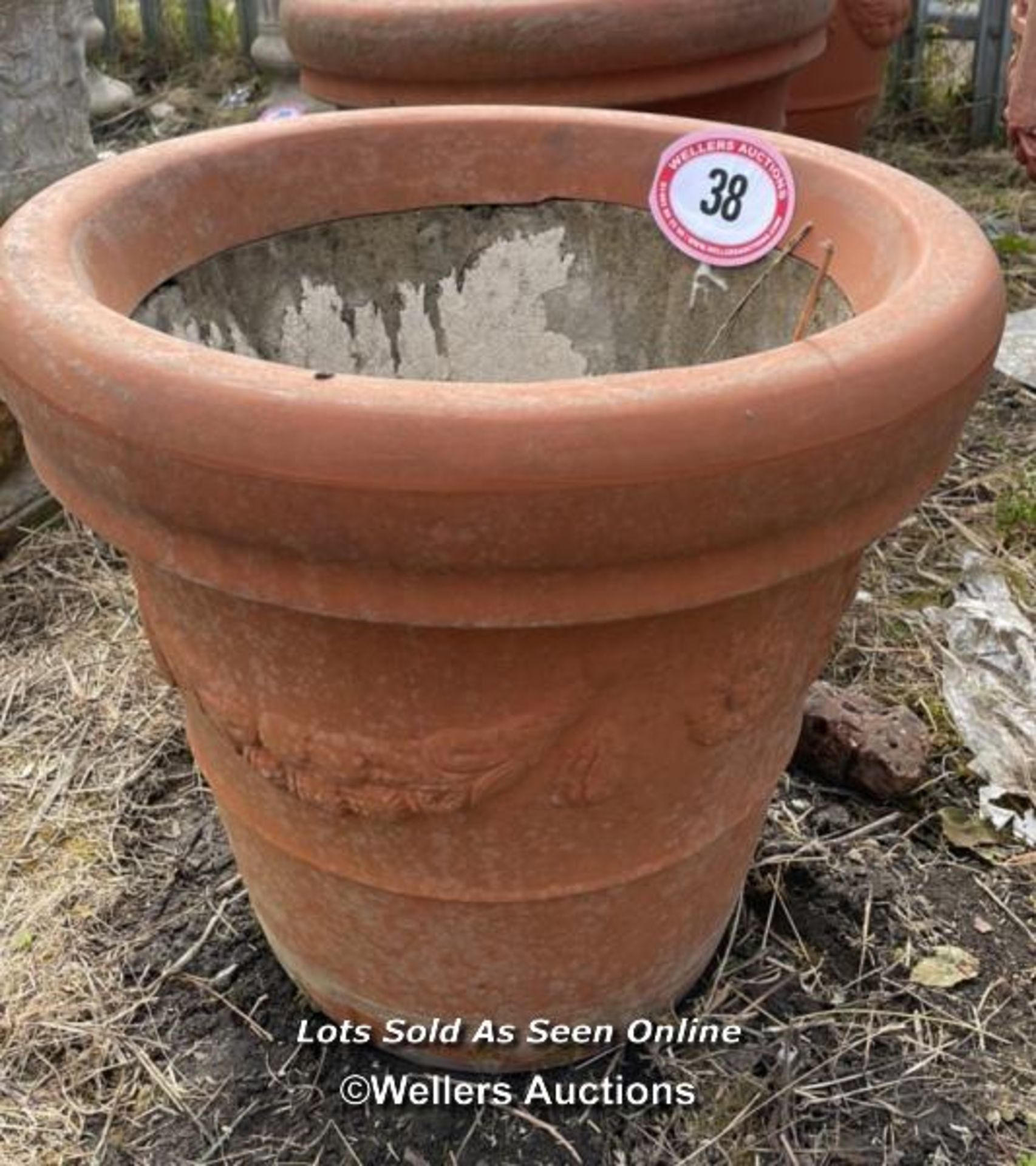 *PLANT POT, PLASTIC CASING WITH RECONSTITUTED STONE INNER, IN TERRACOTTA STYLE, 40CM (H) X 50CM (