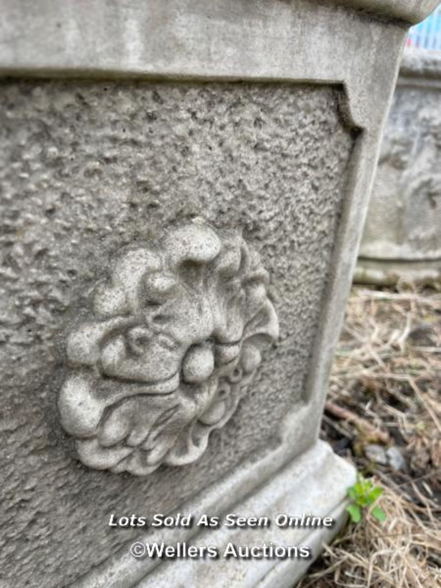 *RECONSTITUTED STONE PLINTH, WITH FLORAL MOTIFS, 40CM (H) X 33CM (W) X 33CM (D) / COLLECTION - Image 2 of 3