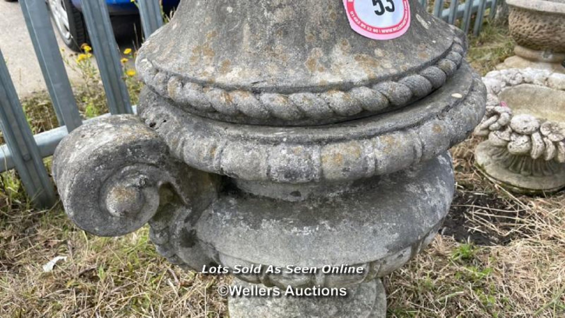 *RECONSTITUTED STONE TWO PIECE URN, WITH ROPE LID AND DRAPERY HANDLES, 86CM (H) X 77CM (DIA) / - Image 2 of 4