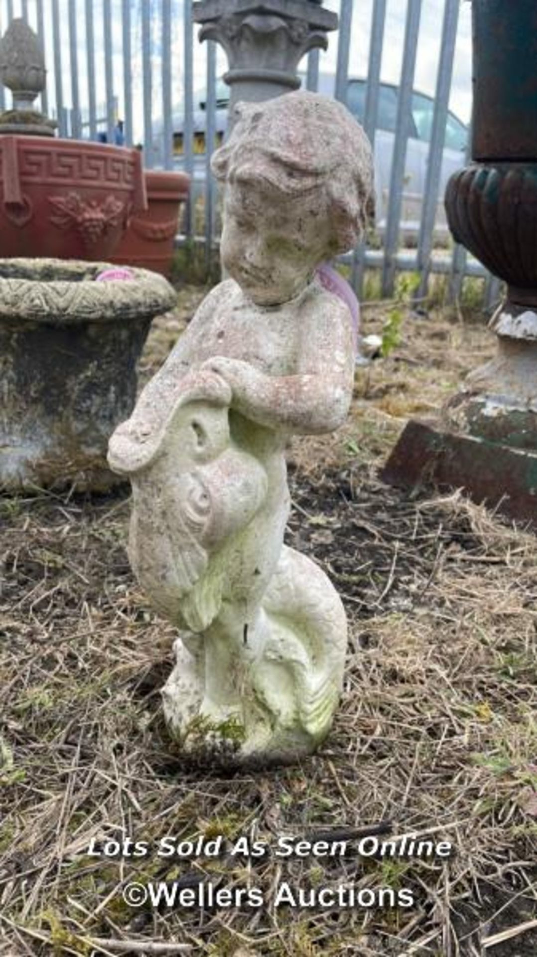 *RECONSTITUTED STONE STATUE OF A BOY HOLDING OPEN THE MOUTH OF A COY FISH, 46CM (H) / COLLECTION