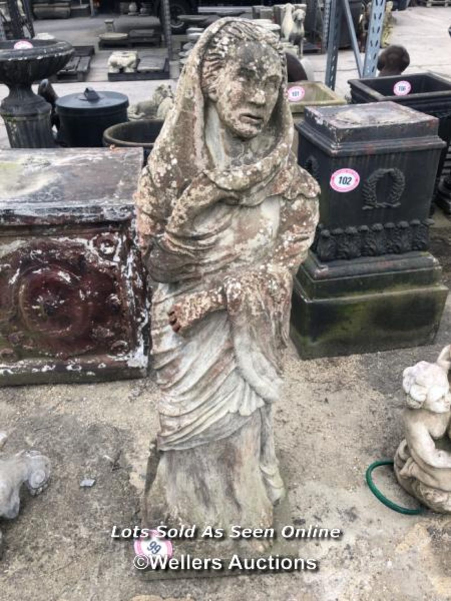 *RECONSTITUTED STONE OF A LADY, 125CM (H) X 40.5CM (W) X 40.5CM (D) / COLLECTION LOCATION:
