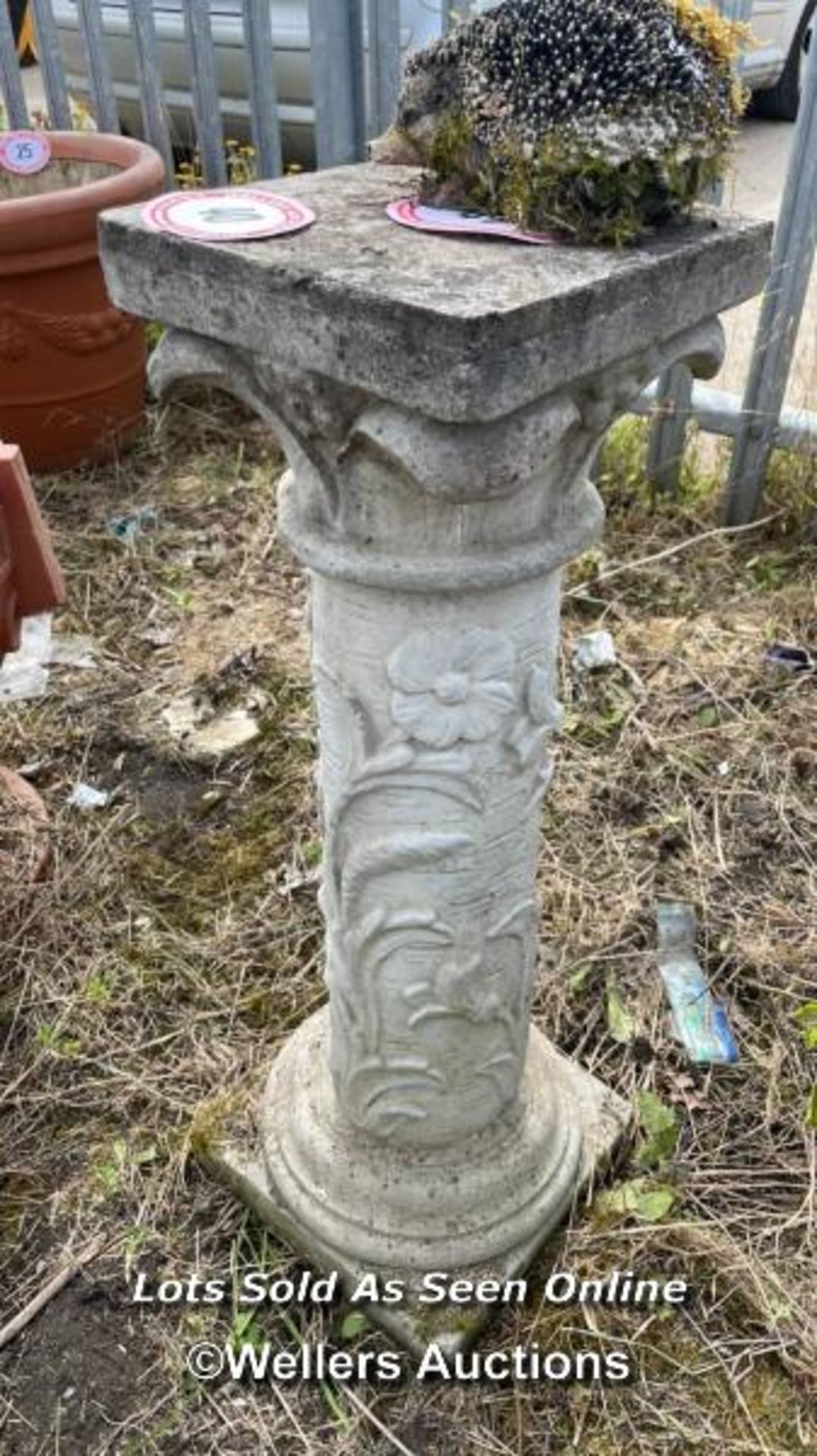 *RECONSTITUTED STONE PLINTH, WITH FLORAL DETAILING, 82CM (H) X 29CM (W) X 29CM (H) / COLLECTION - Image 2 of 3