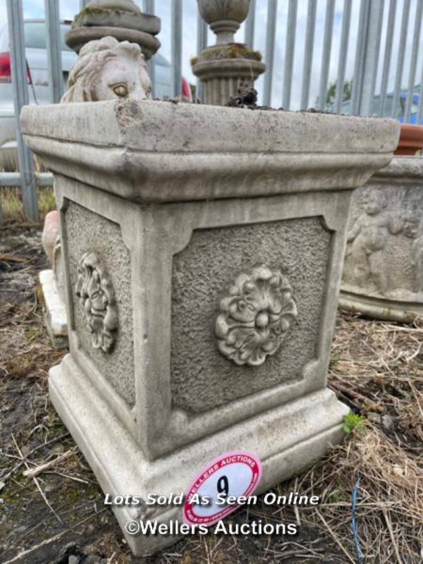 *RECONSTITUTED STONE PLINTH, WITH FLORAL MOTIFS, 40CM (H) X 33CM (W) X 33CM (D) / COLLECTION