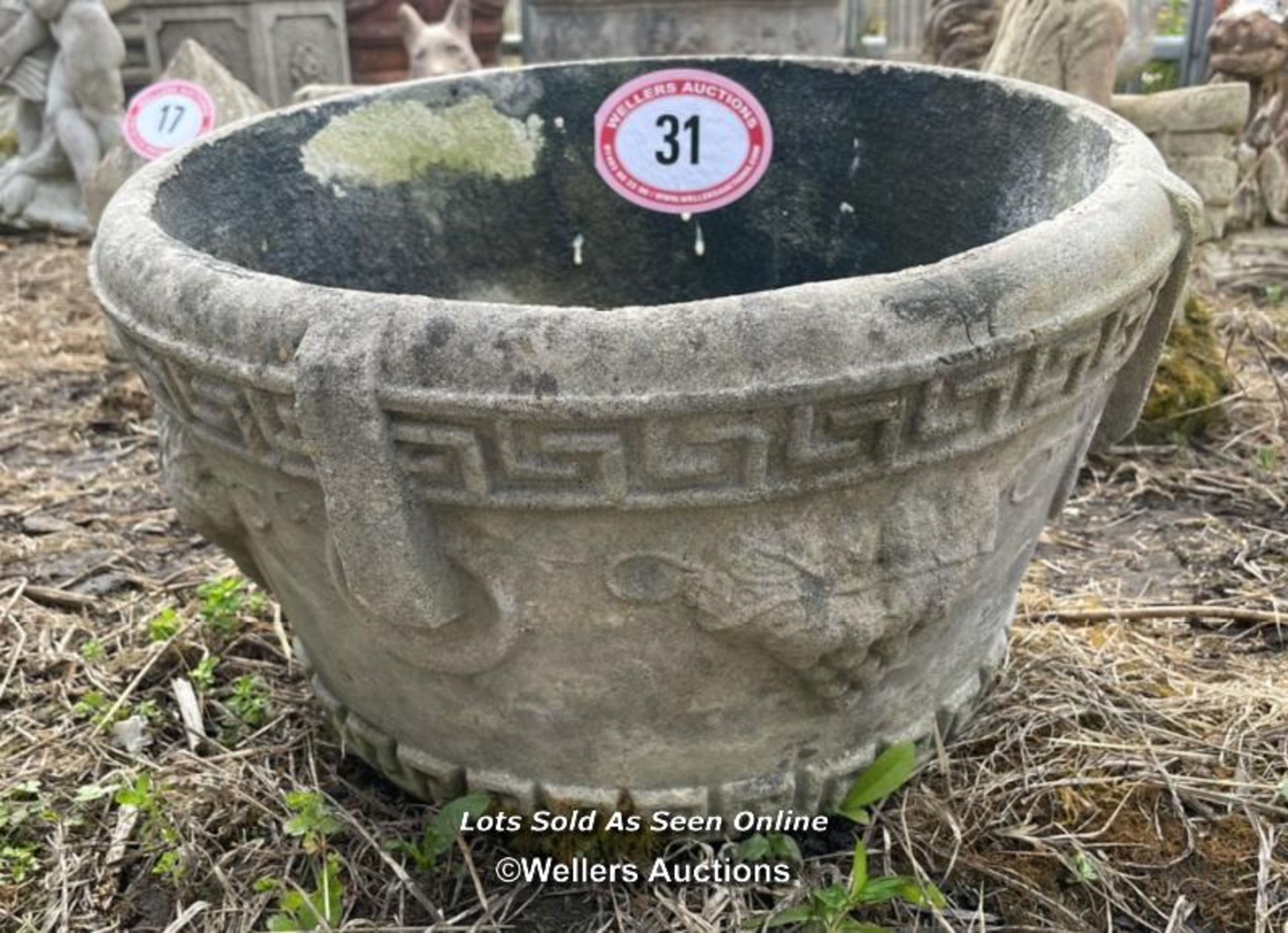 *RECONSTITUTED STONE POT WITH FRUIT MOTIF, 25CM (H) X 45CM (DIA) / COLLECTION LOCATION: ALBOURNE (BN